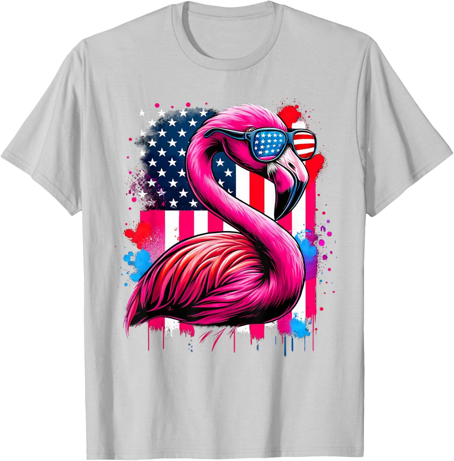 Pink Flamingo USA Flag 4th of July Sunglasses Patriotic T-Shirt - T-Shirt | Ash