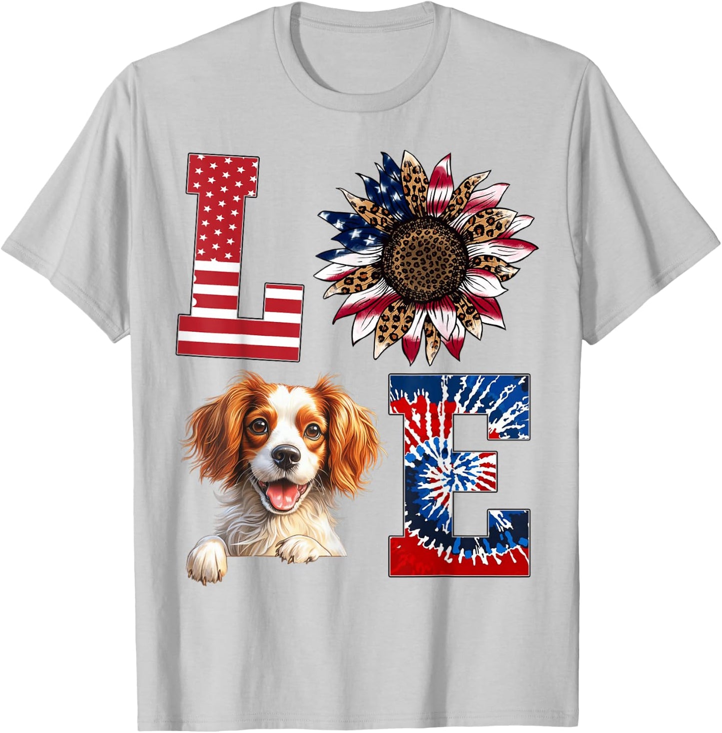 Love Brittany Spaniel Dog American Flag 4th of July T-Shirt - T-Shirt | Ash