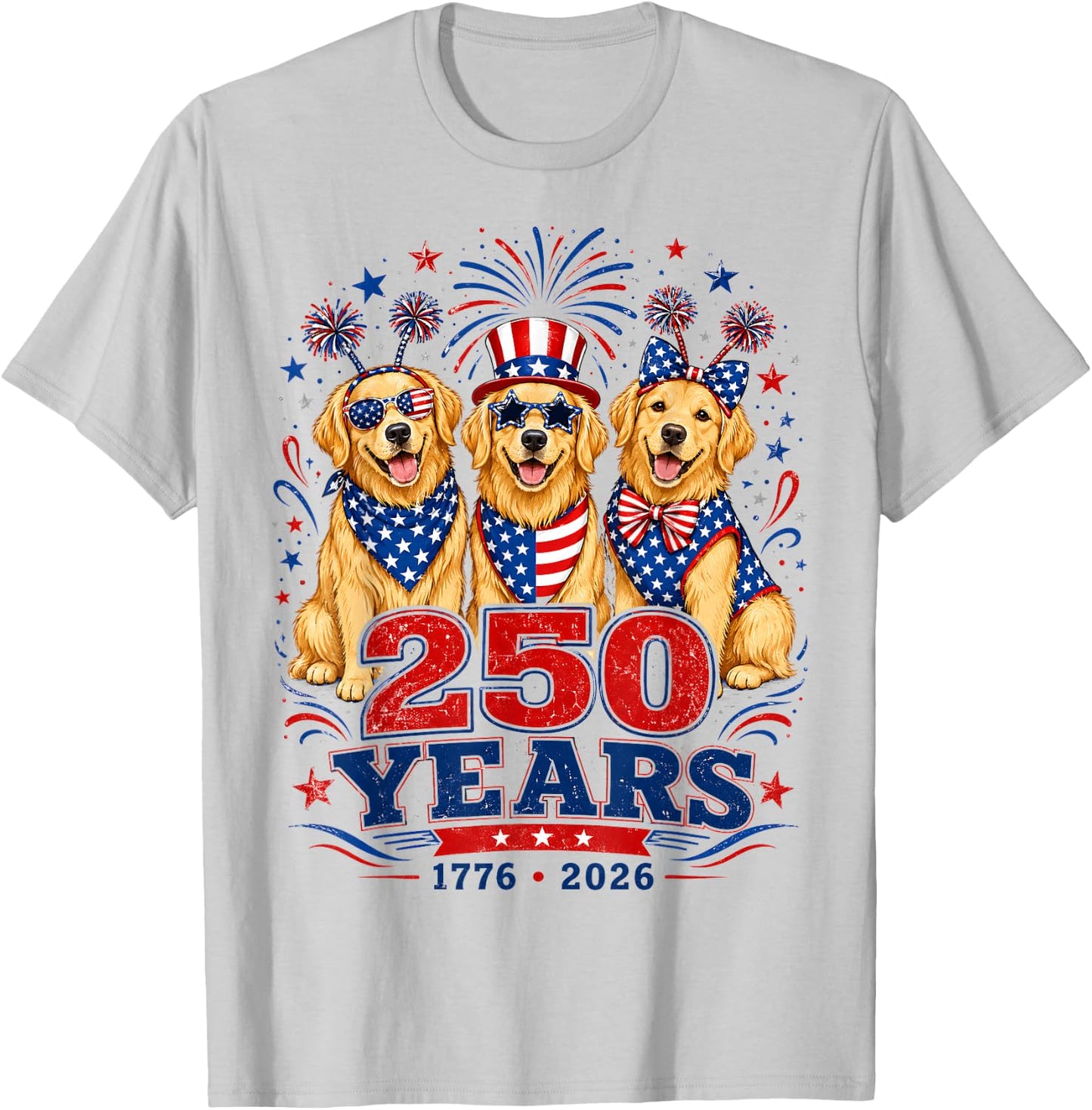 250 Years 1776 2026 Golden Retriever Patriotic Dog 4th July T-Shirt - T-Shirt | Ash