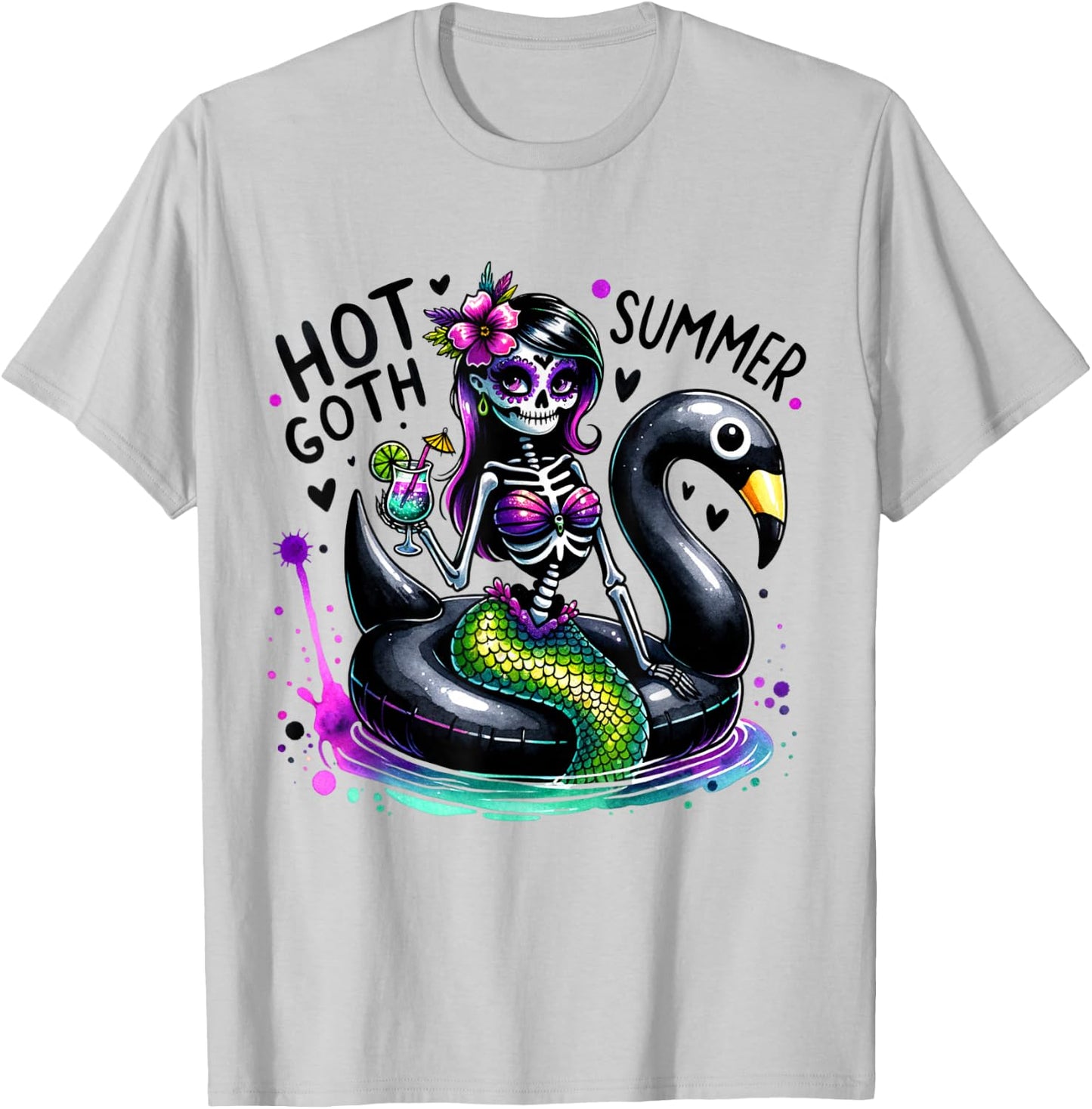 Goth Ghoul Summer Mermaid Skeleton Summerween Pool Party T-Shirt - T-Shirt | Ash