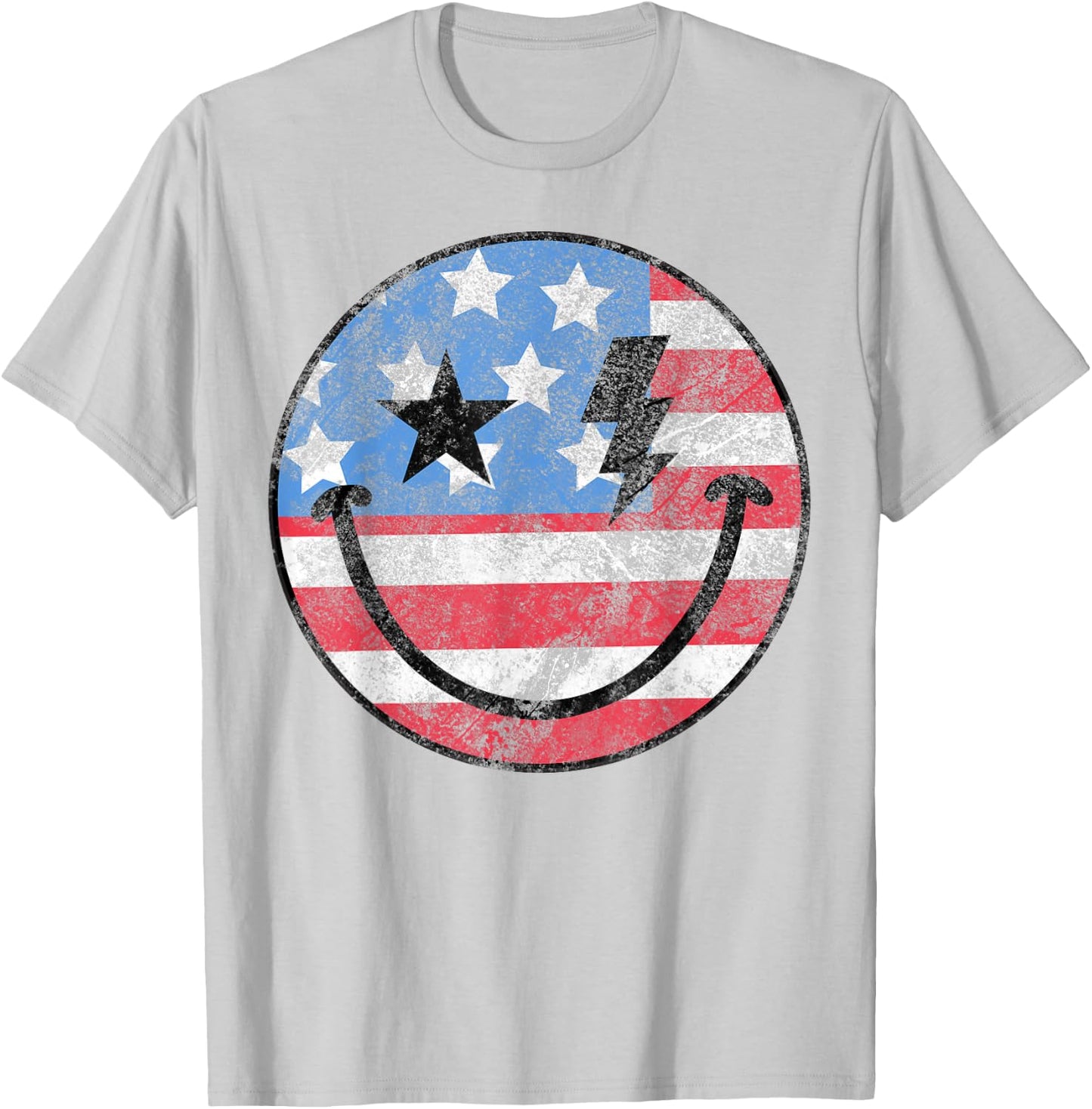 Happy 4th Of July Groovy Smile Face Red White Blue USA Flag T-Shirt - T-Shirt | Ash