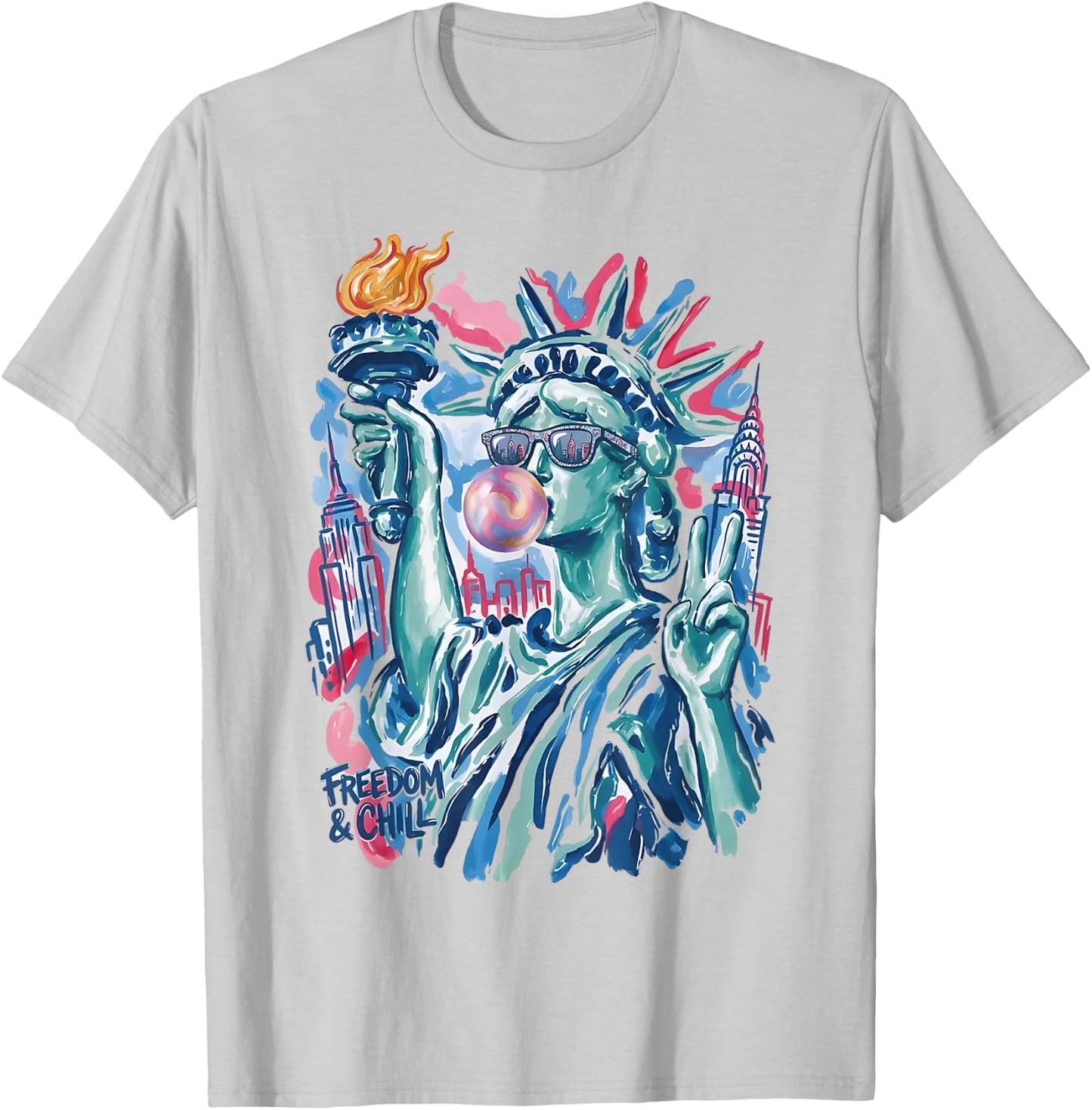 Preppy Statue of Liberty Blowing Bubble Gum 4th of July T-Shirt - T-Shirt | Ash