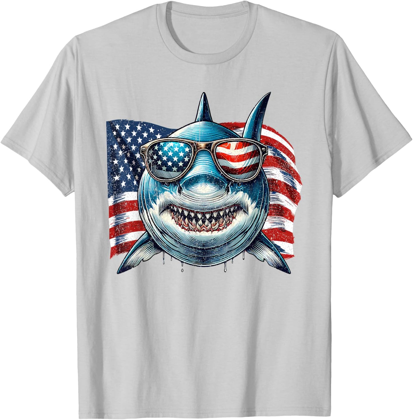 Vintage Shark Lovers US Flag Animals Patriotic Sunglasses T-Shirt - T-Shirt | Ash
