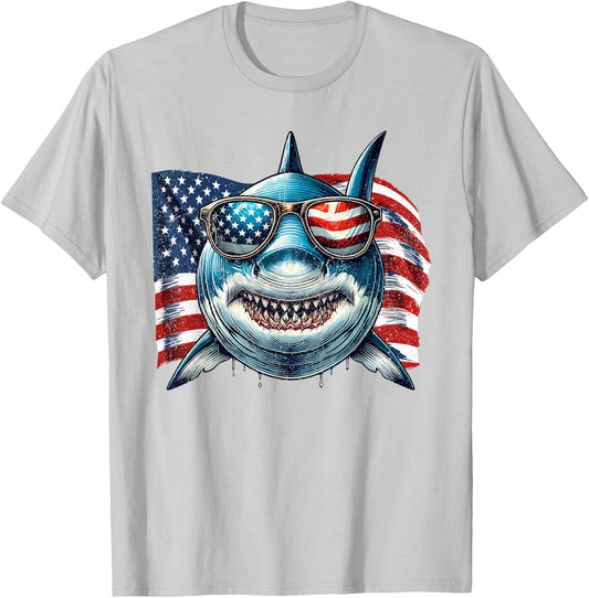 Vintage Shark Lovers US Flag Animals Patriotic Sunglasses T-Shirt - T-Shirt | Ash