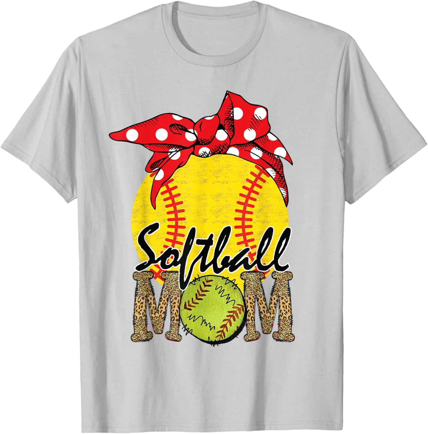 Softball Mom Messy Bun Leopard Softball Mothers Day T-Shirt - T-Shirt | Ash