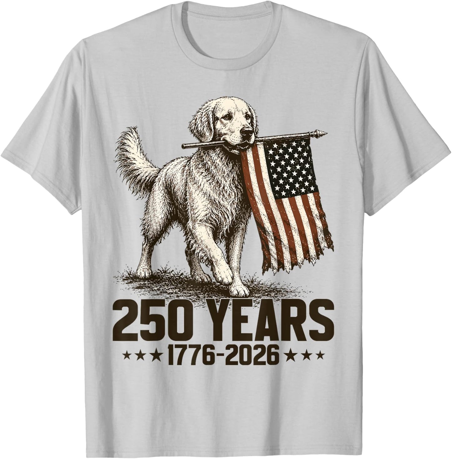 250 American Years 1776 2026 Golden Retriever Dog US Flag T-Shirt - T-Shirt | Ash