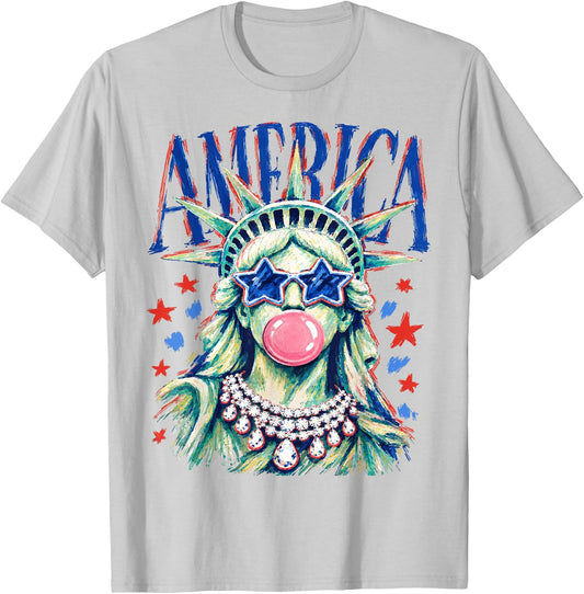 Brushstroke Statue of Liberty Blowing Bubble Gum 4th of July T-Shirt - T-Shirt | Ash