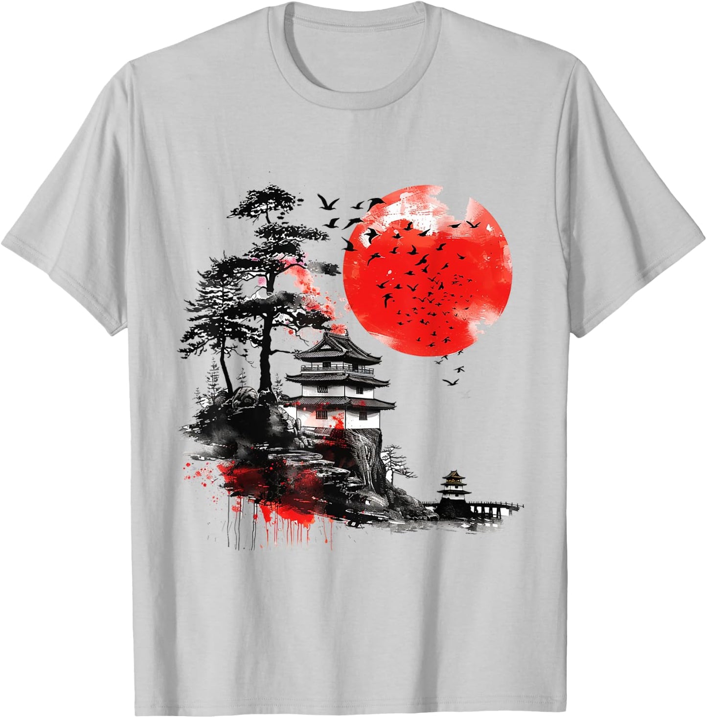 Vintage Cherry Blossom Woodblock Japanese Graphic Art T-Shirt - T-Shirt | Ash