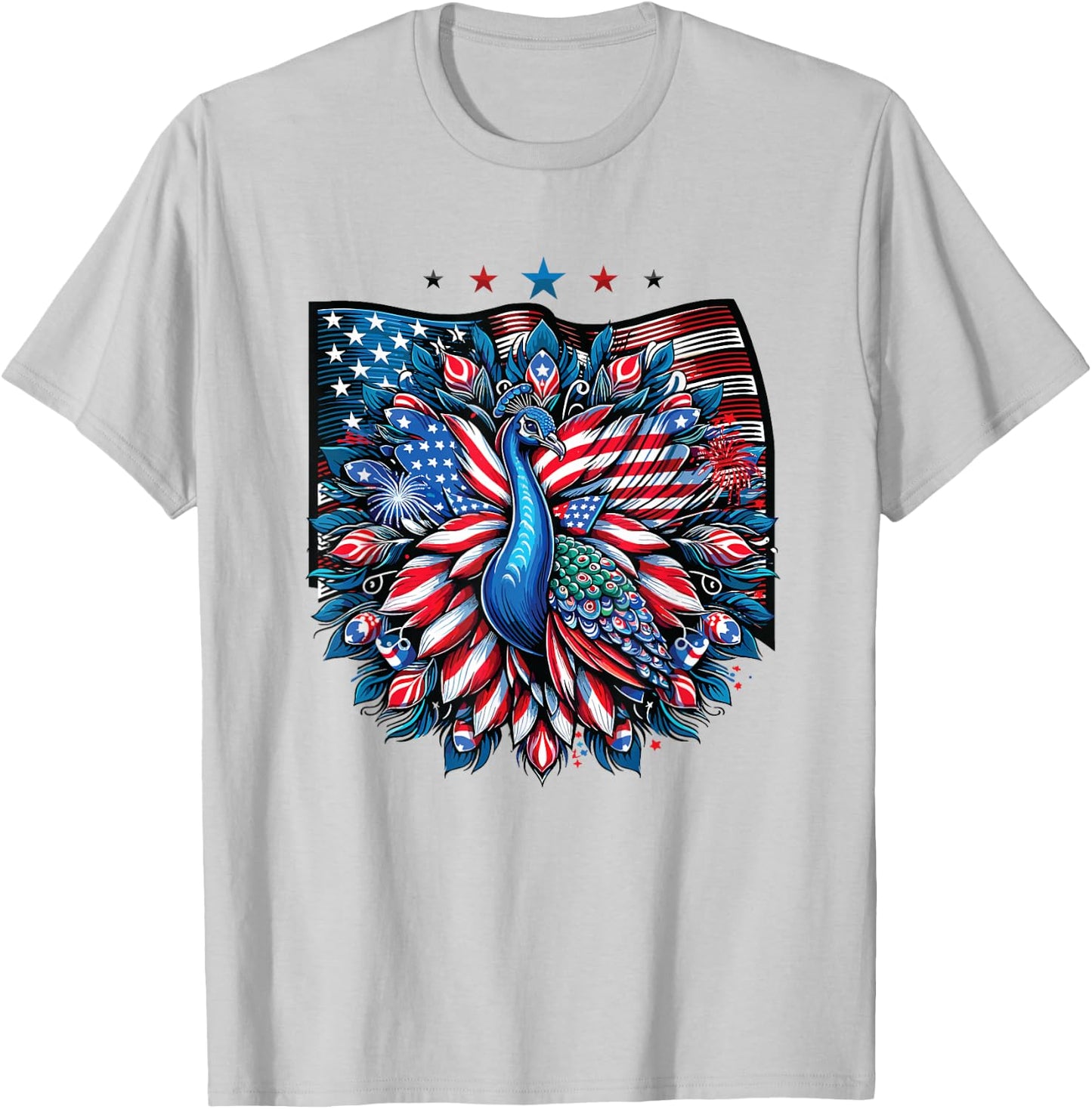 Patriotic Stars Stripes Peacock 4th Of July T-Shirt - T-Shirt | Ash