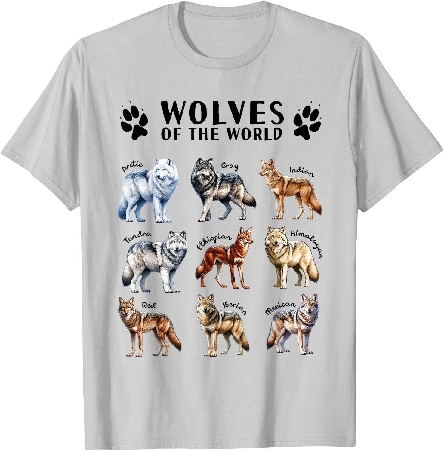 Wolves of the World Educational Collection Wolf Types Animal T-Shirt - T-Shirt | Ash