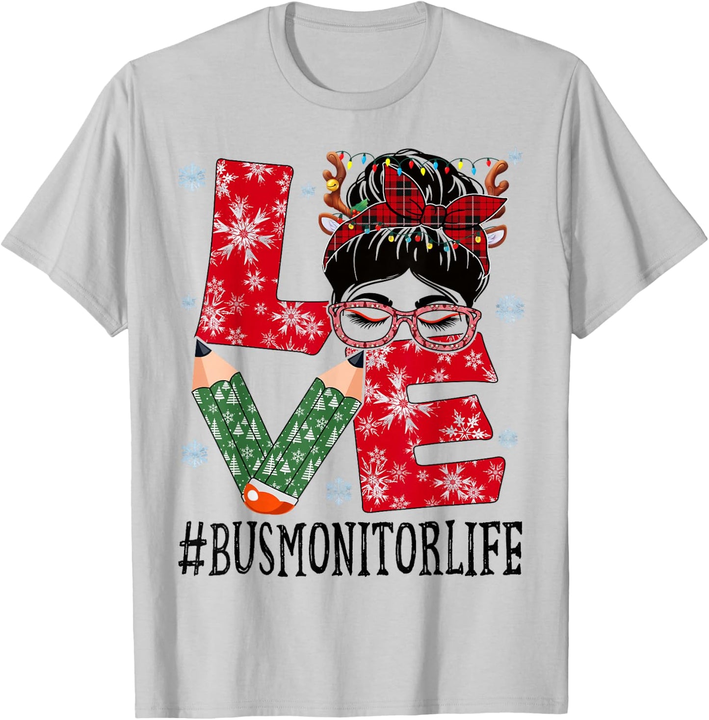 Bus Monitor Love Christmas Messy Bun Reindeer Buffalo Xmas T-Shirt - T-Shirt | Ash