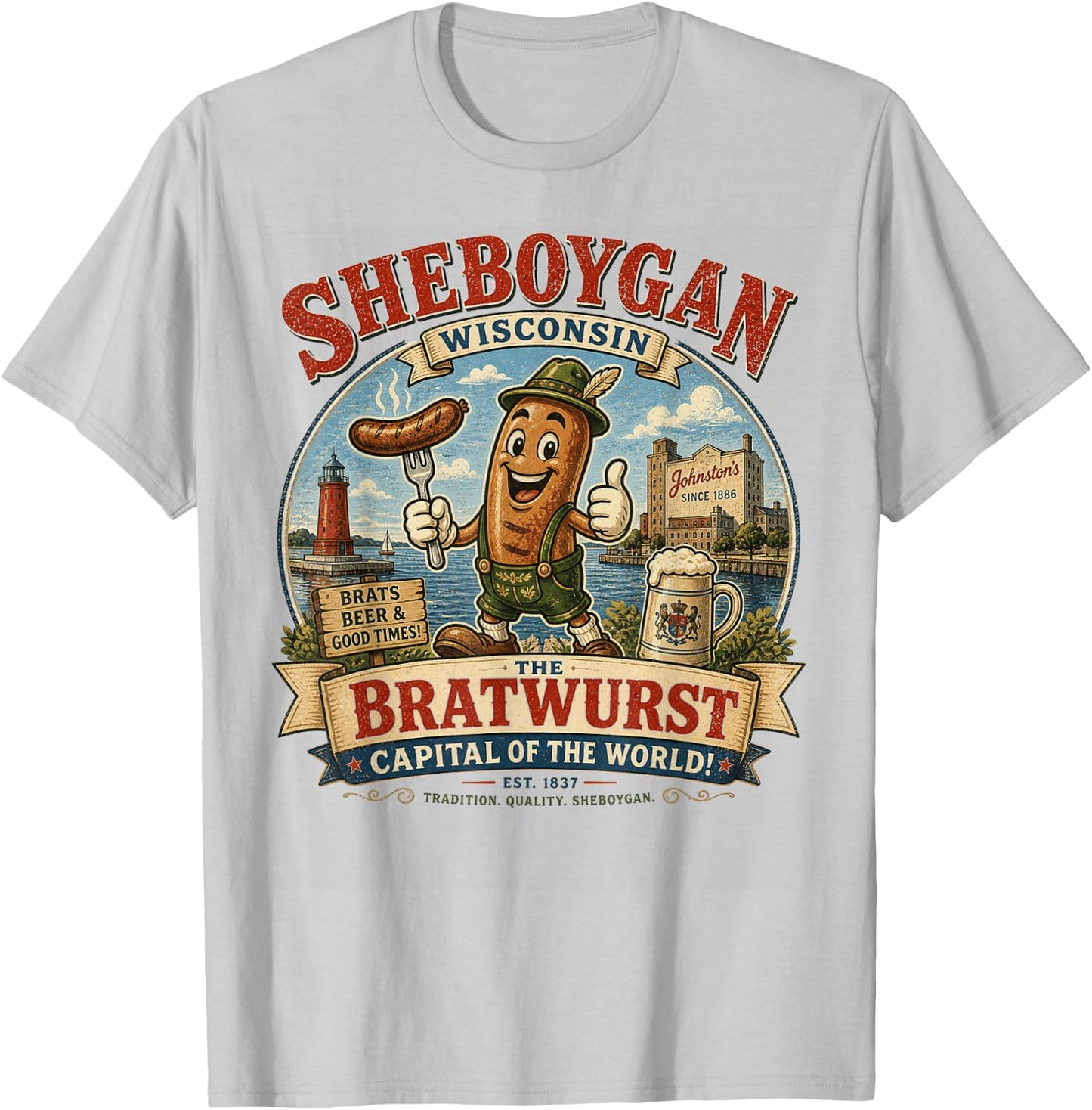 Sheboygan Wisconsin - Bratwurst Capital - Cartoon Mascot T-Shirt - T-Shirt | Ash