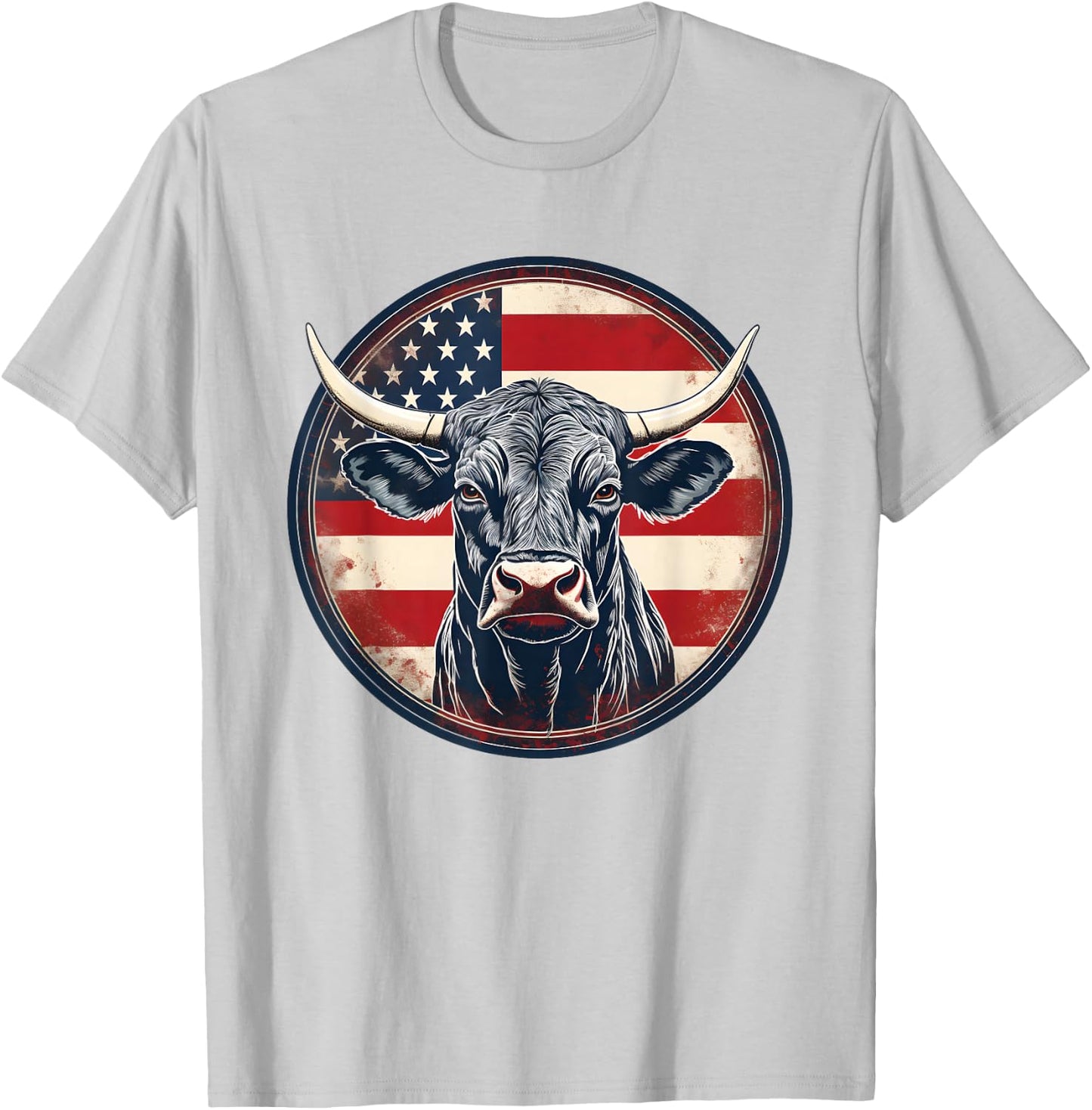 Bull American Flag Rodeo Distressed Cowboy Red Western T-Shirt - T-Shirt | Ash