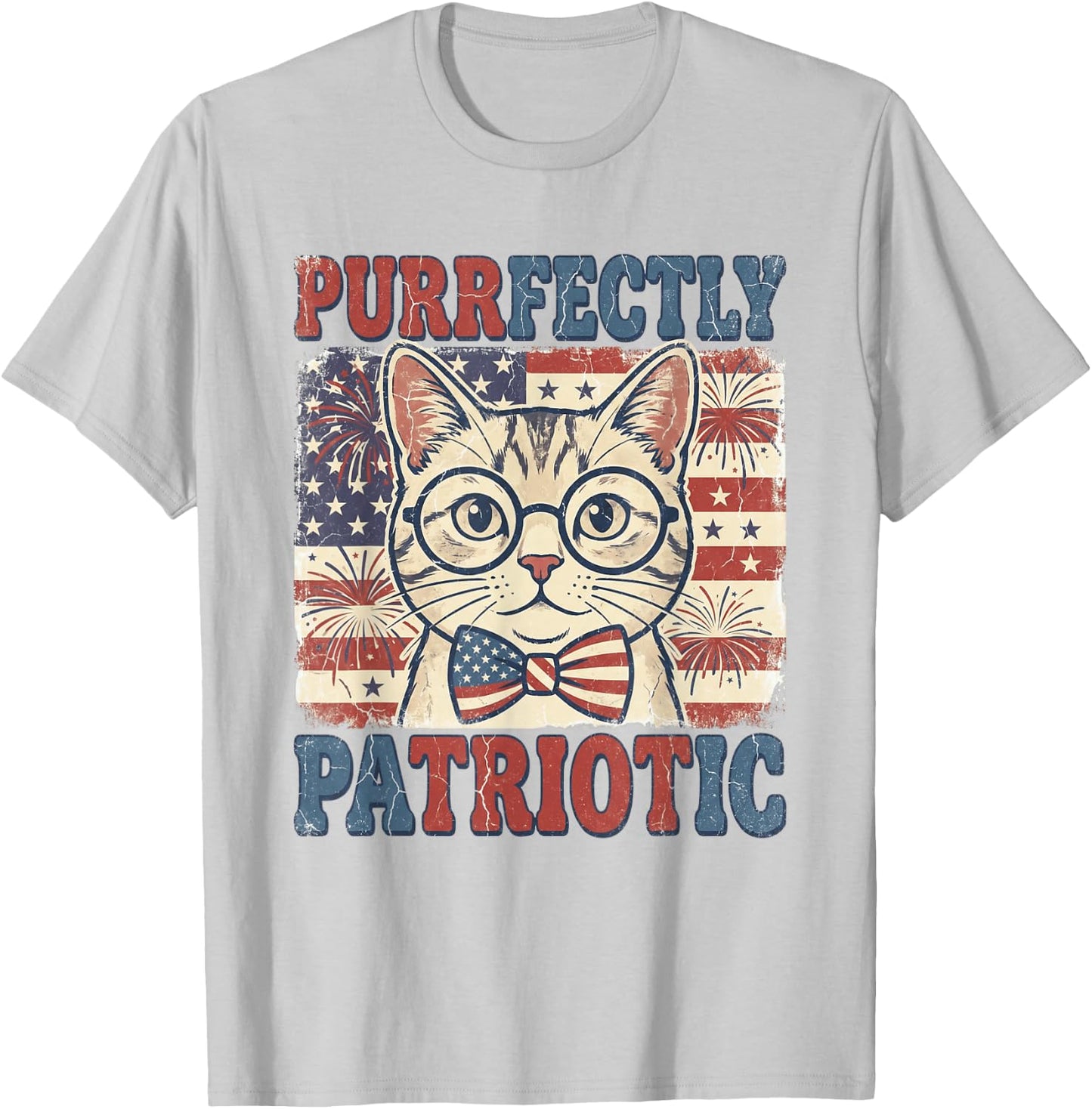 Purrfectly Patriotic Cat Vintage 4th of July Graphic T-Shirt - T-Shirt | Ash
