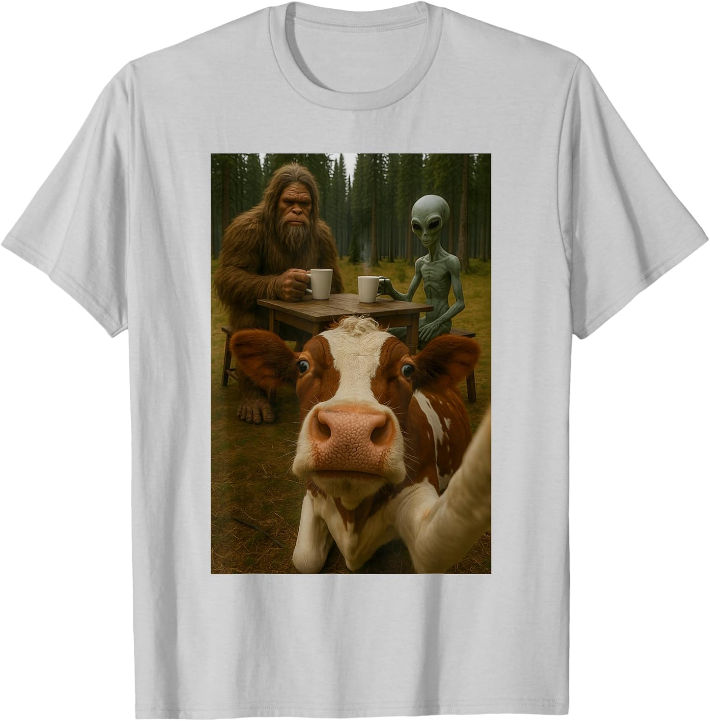 Cow Selfie With Bigfoot Alien T-Shirt - T-Shirt | Ash