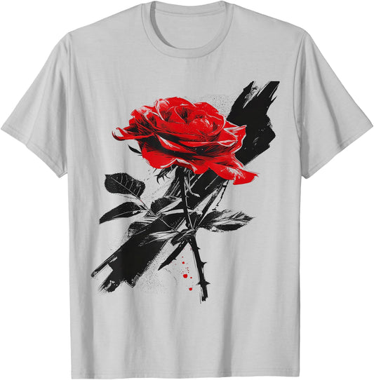 Rose Drawing Flower Lovers Artwork Graphic Motif Rose , White T-Shirt - T-Shirt | Ash