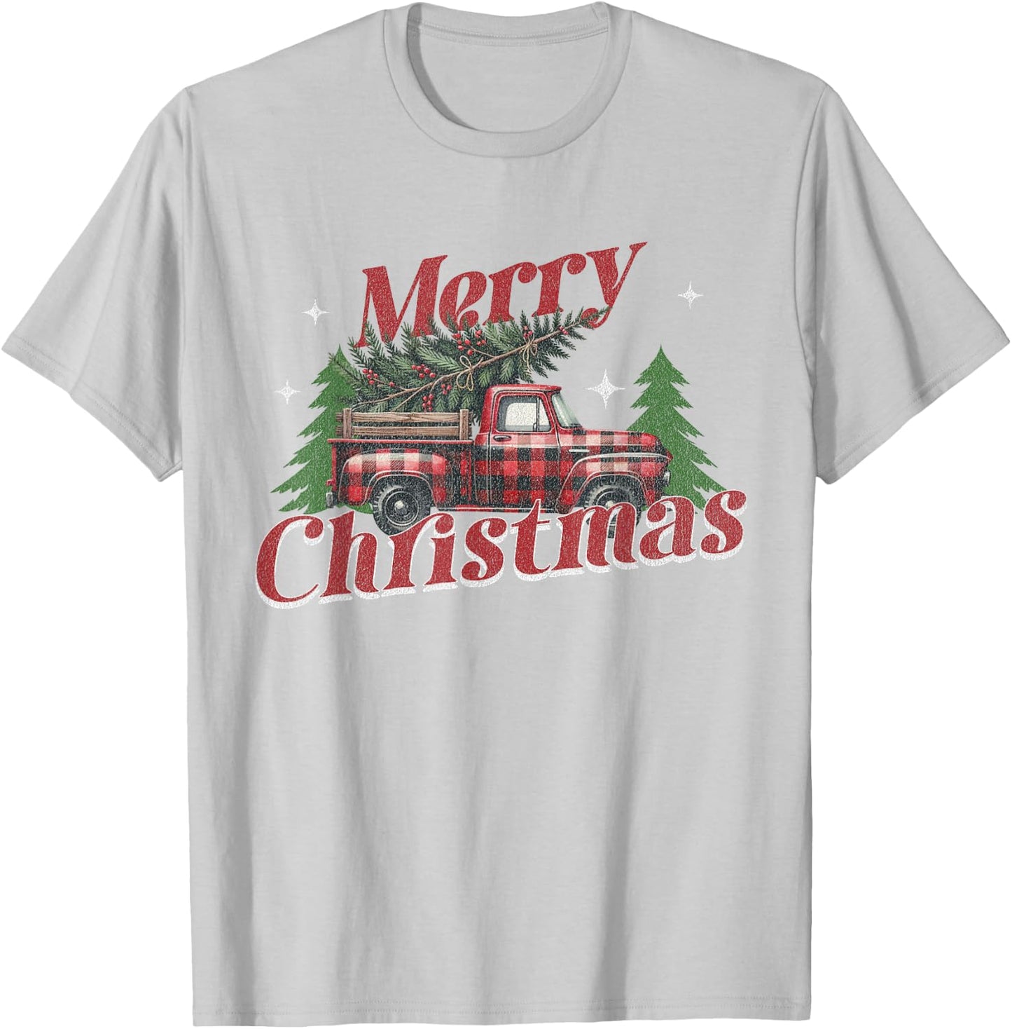 Merry Christmas Truck Buffalo Plaid Xmas Red Truck Christmas T-Shirt - T-Shirt | Ash