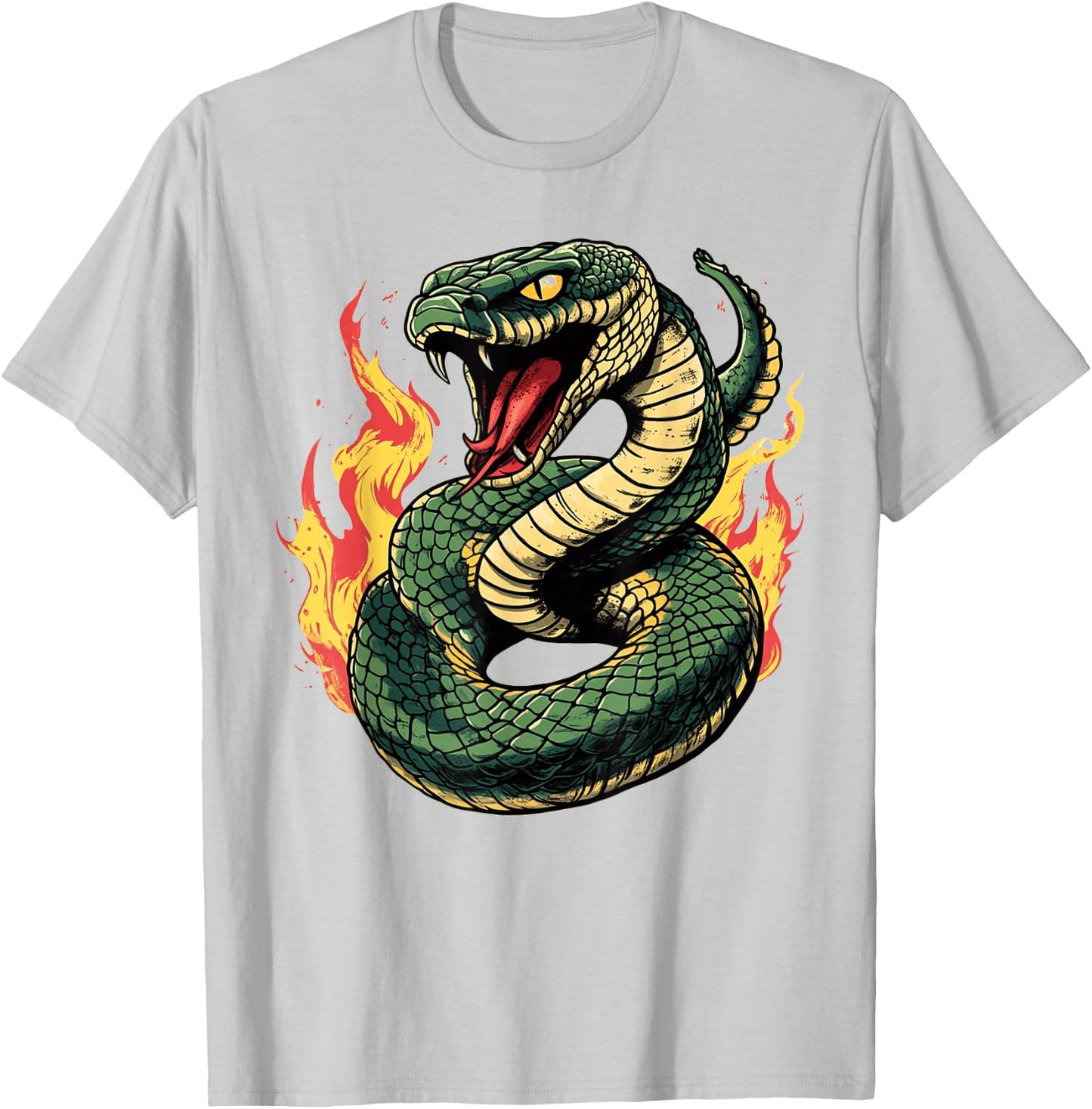 Venomous Snake Cobra Striking Fire Design T-Shirt - T-Shirt | Ash