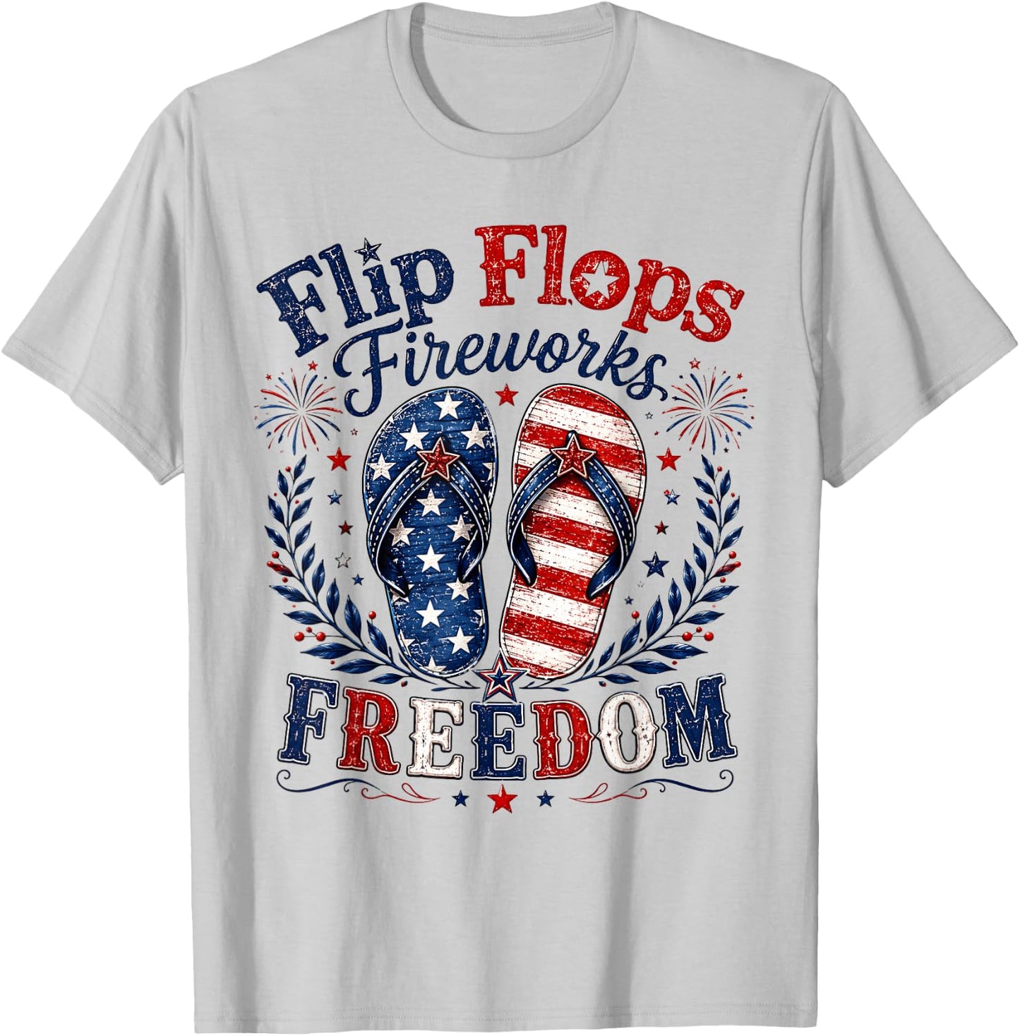 Flip Flops Fireworks Freedom USA Flag Summer 4th of July T-Shirt - T-Shirt | Ash