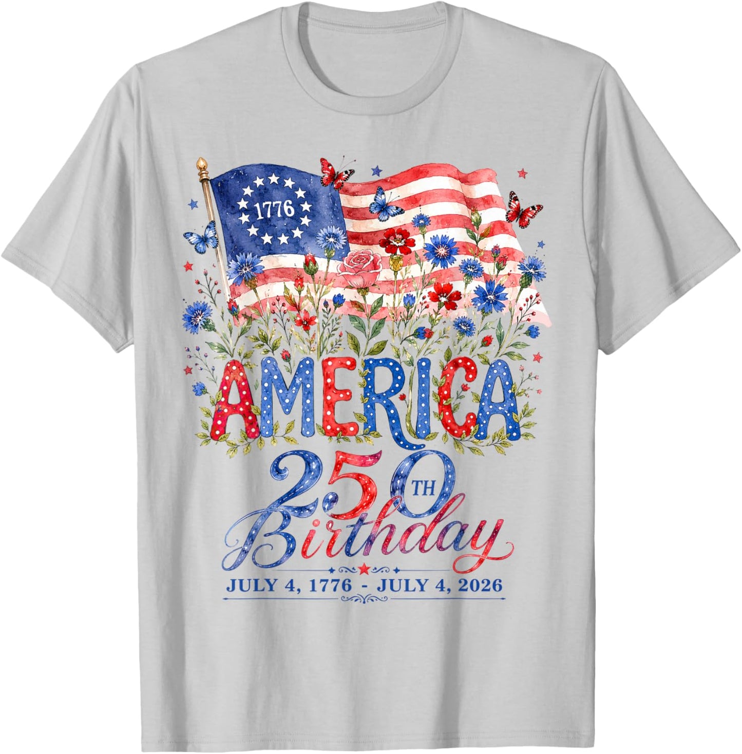 USA 250 Years America Floral Birthday Patriotic 4th of July T-Shirt - T-Shirt | Ash