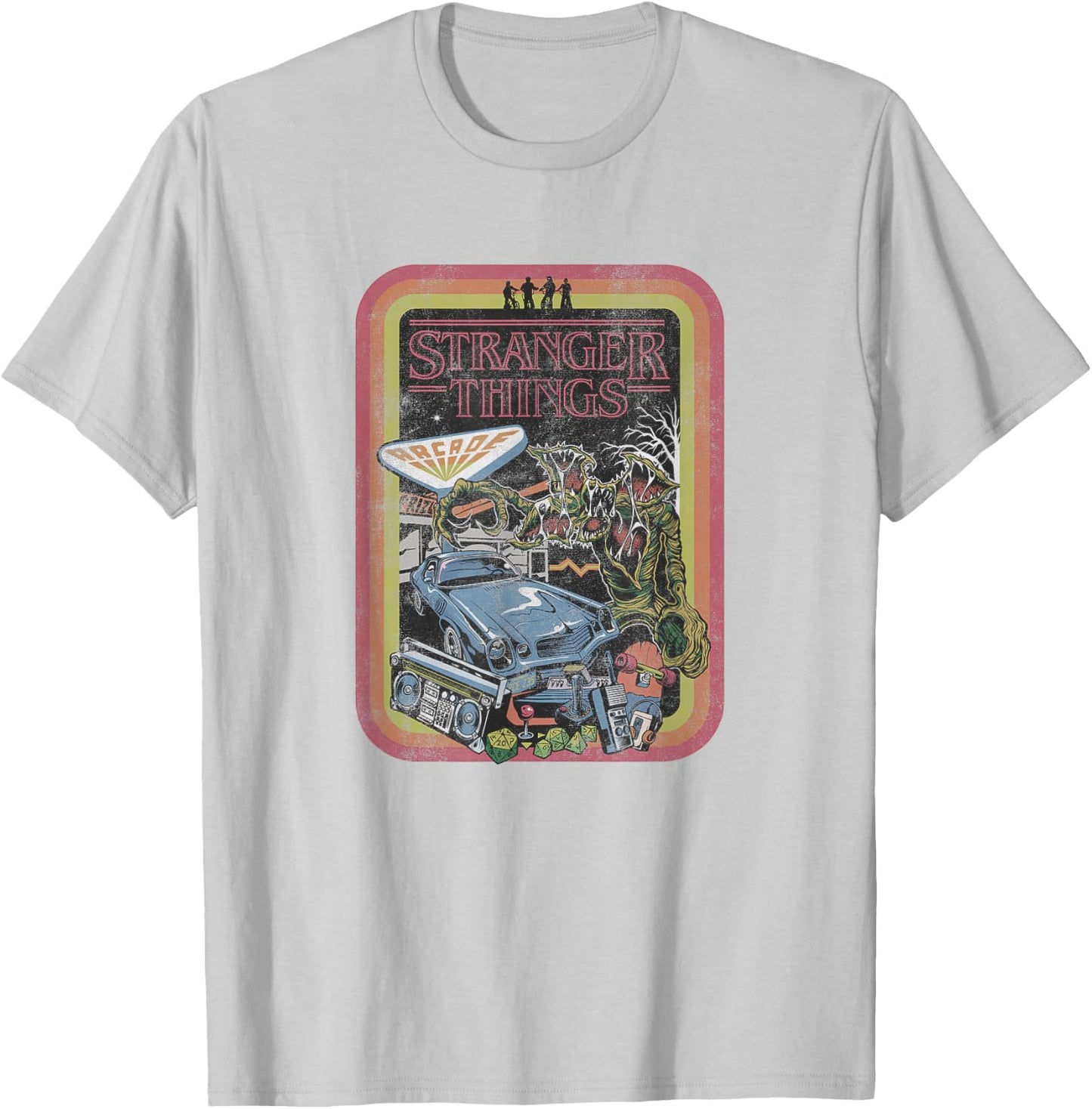 Stranger Things Retro Stripe The Party vs Hawkins Collage T-Shirt - T-Shirt | Ash