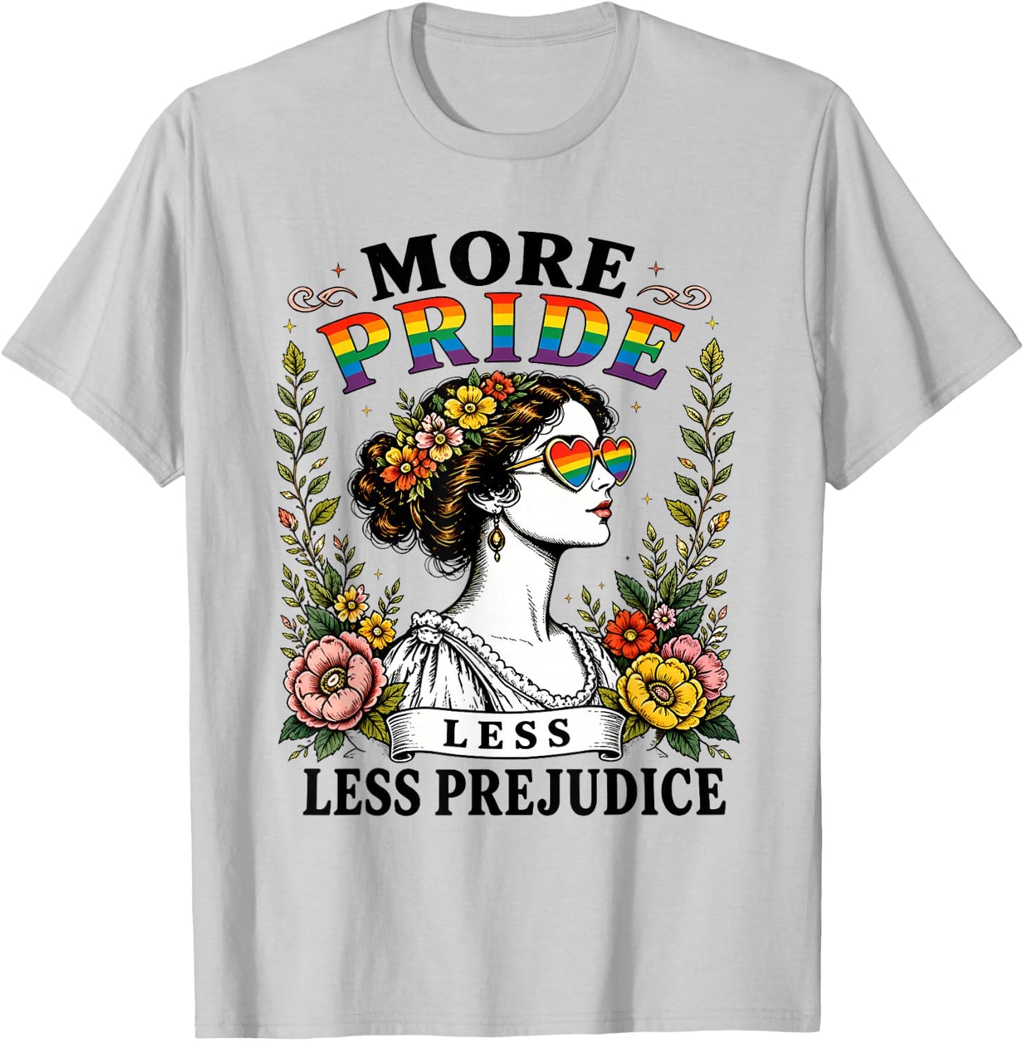 More Pride Less Prejudice Rainbow Heart Vintage Equality T-Shirt - T-Shirt | Ash