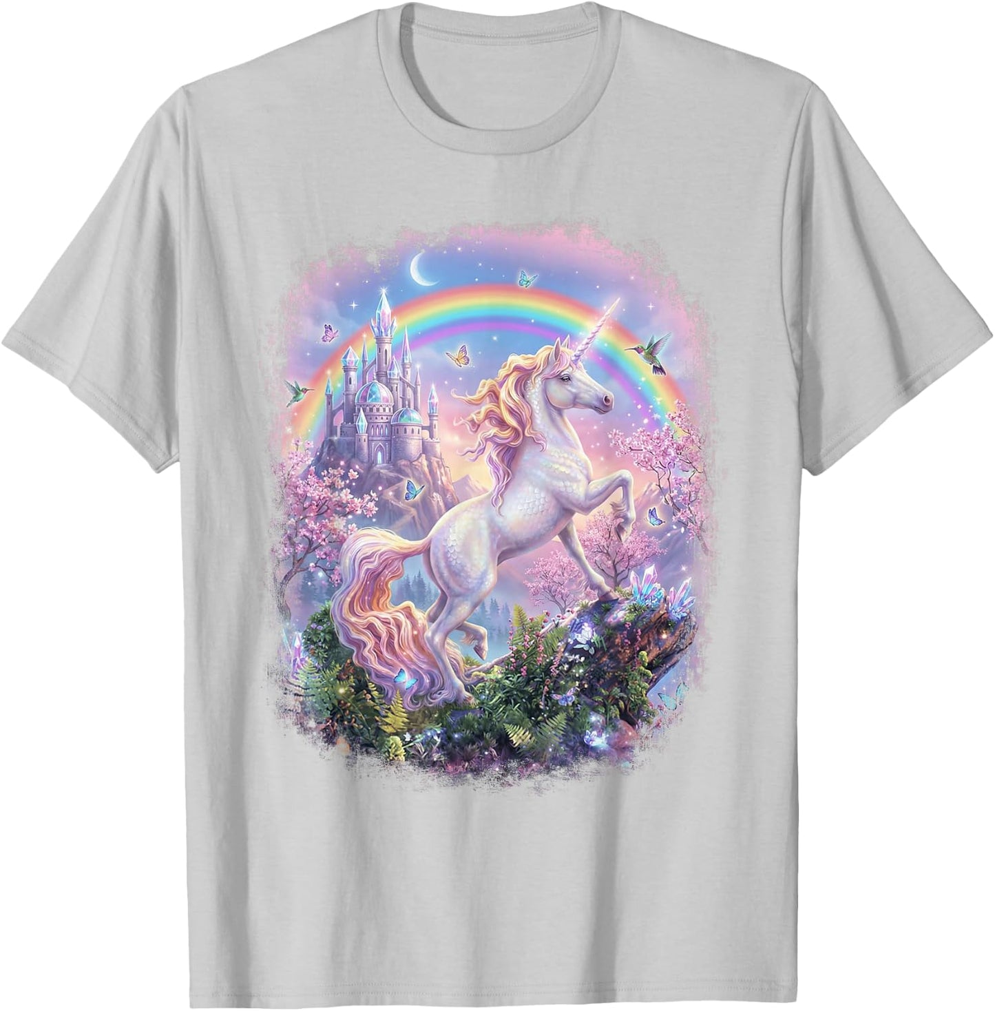 Unicorn Rainbow Castle Magical Graphic Girls T-Shirt - T-Shirt | Ash