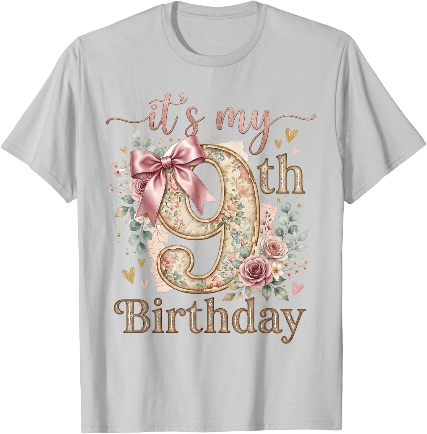 It's My 9th Birthday Girl Coquette Bow Pink 9 Year Old T-Shirt - T-Shirt | Ash