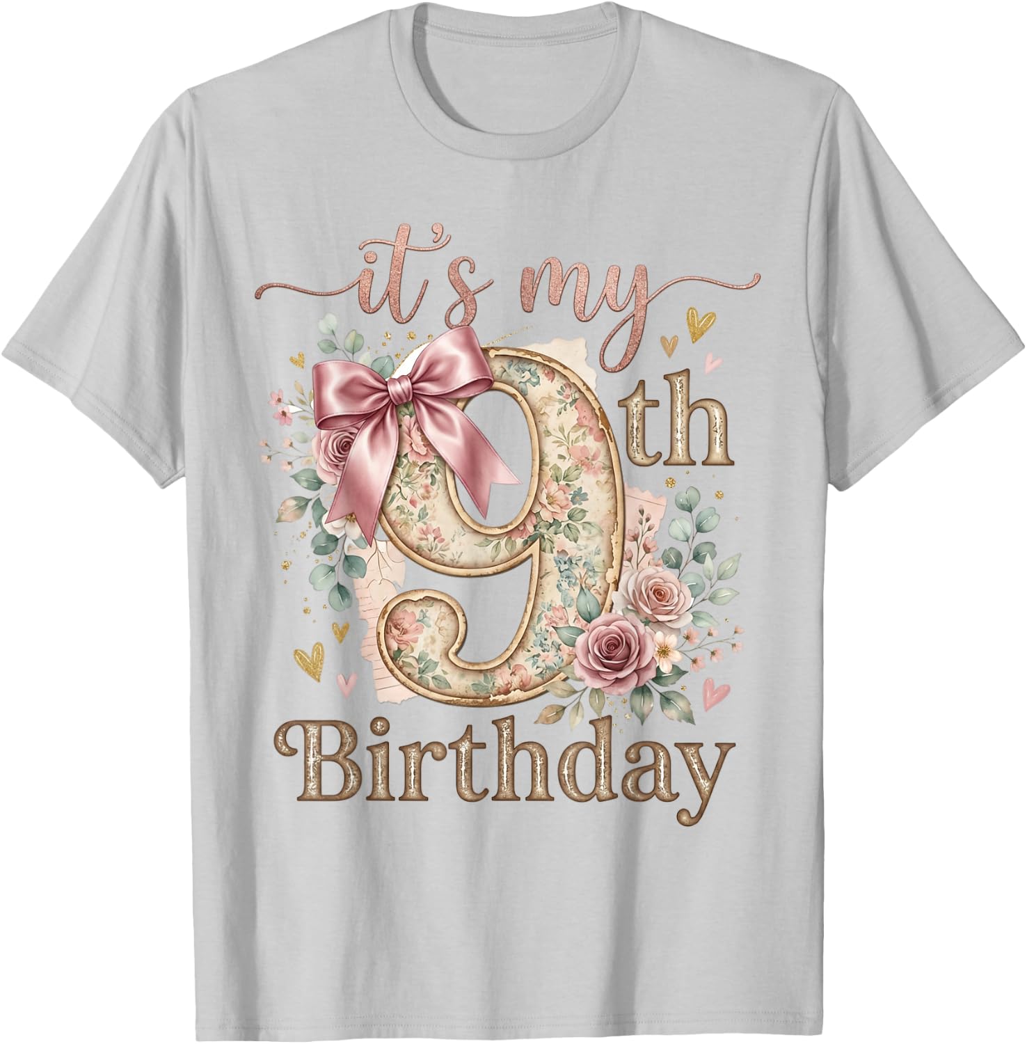 It's My 9th Birthday Girl Coquette Bow Pink 9 Year Old T-Shirt - T-Shirt | Ash