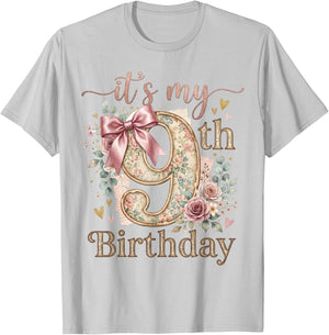 It's My 9th Birthday Girl Coquette Bow Pink 9 Year Old T-Shirt - T-Shirt | Ash