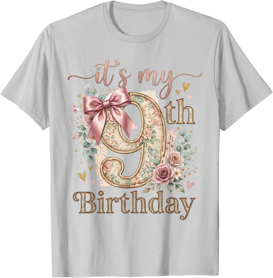 It's My 9th Birthday Girl Coquette Bow Pink 9 Year Old T-Shirt - T-Shirt | Ash