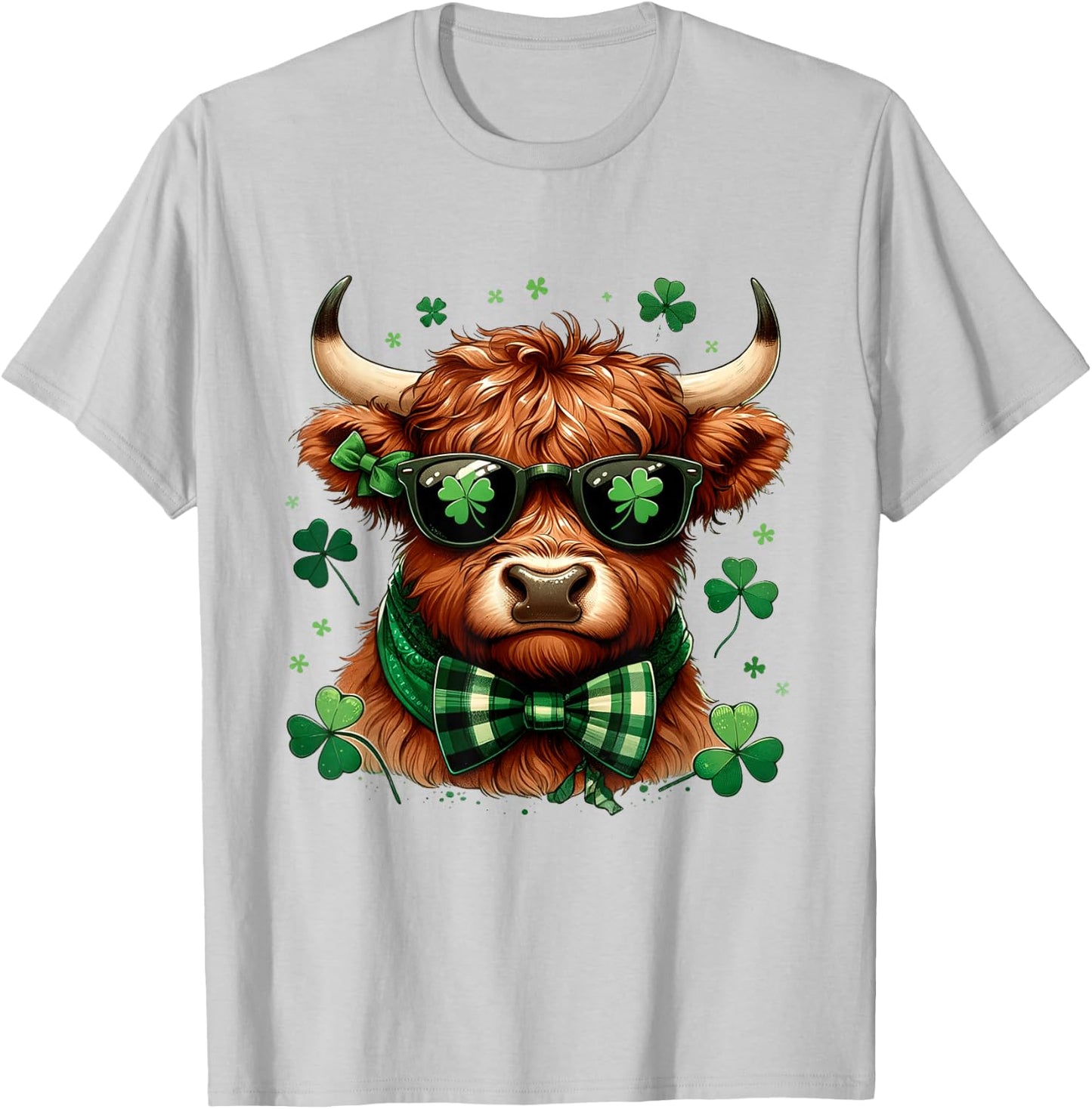 Highland Cow St Patricks Day Lucky Shamrock Men Women Kids T-Shirt - T-Shirt | Ash