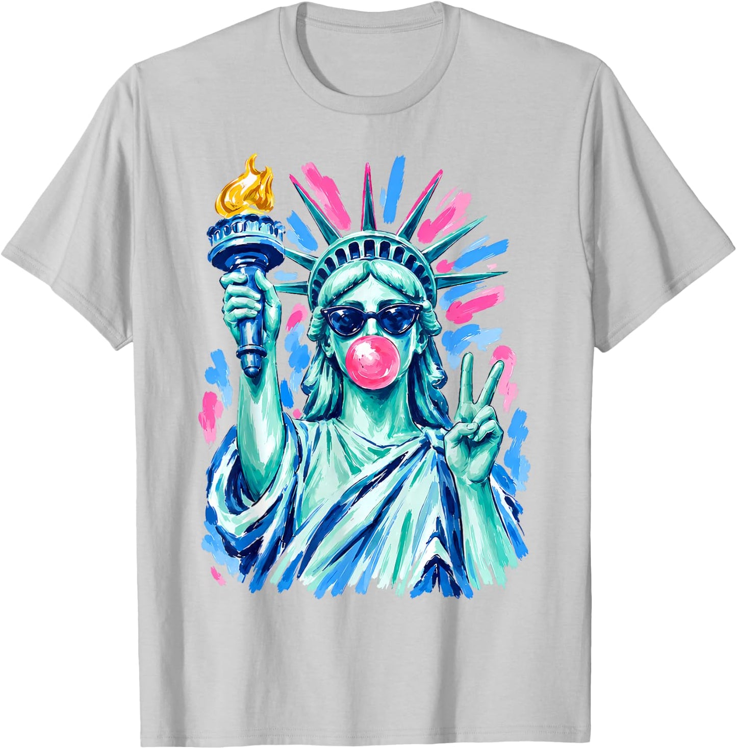 Statue of Liberty Sunglasses Blowing Bubblegum 4th of July T-Shirt - T-Shirt | Ash
