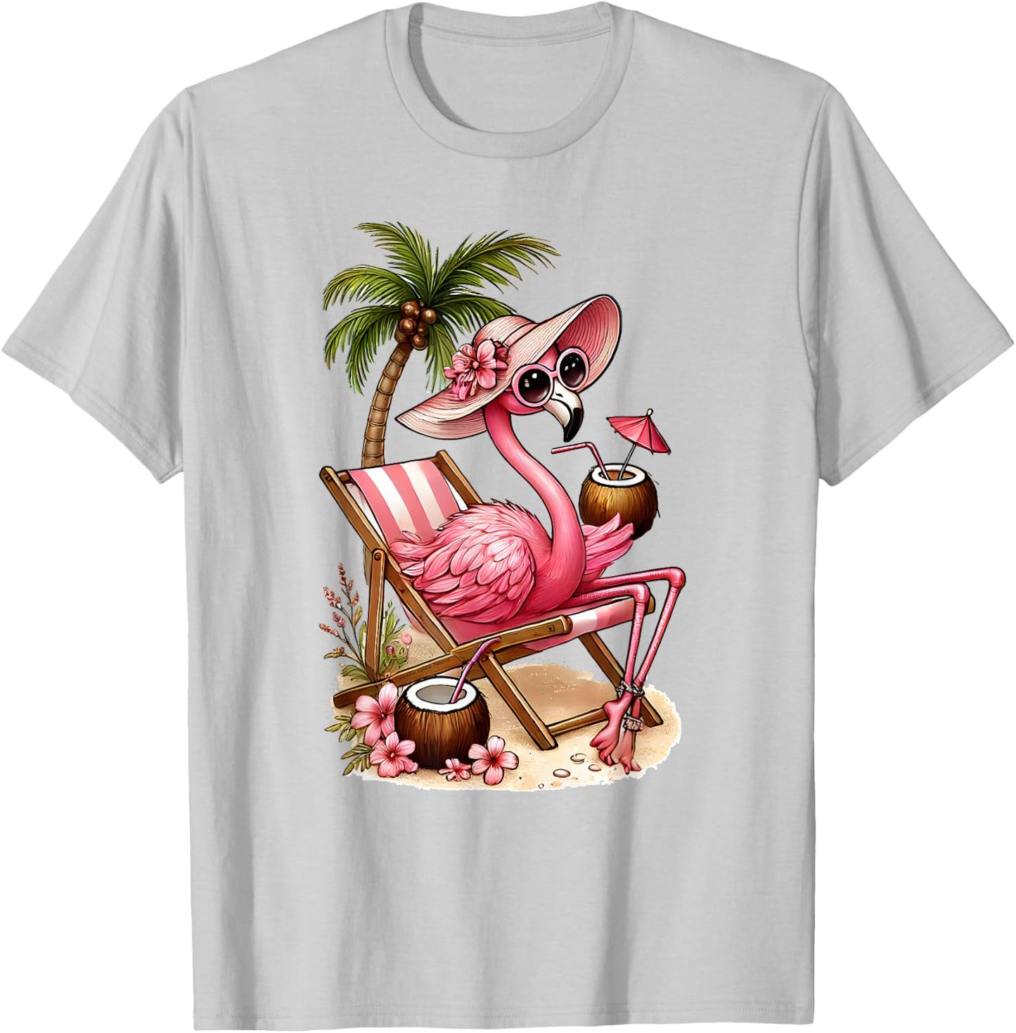 Women's Girls Pink Flamingo Beach Palm Tree Cute Flamingo T-Shirt - T-Shirt | Ash