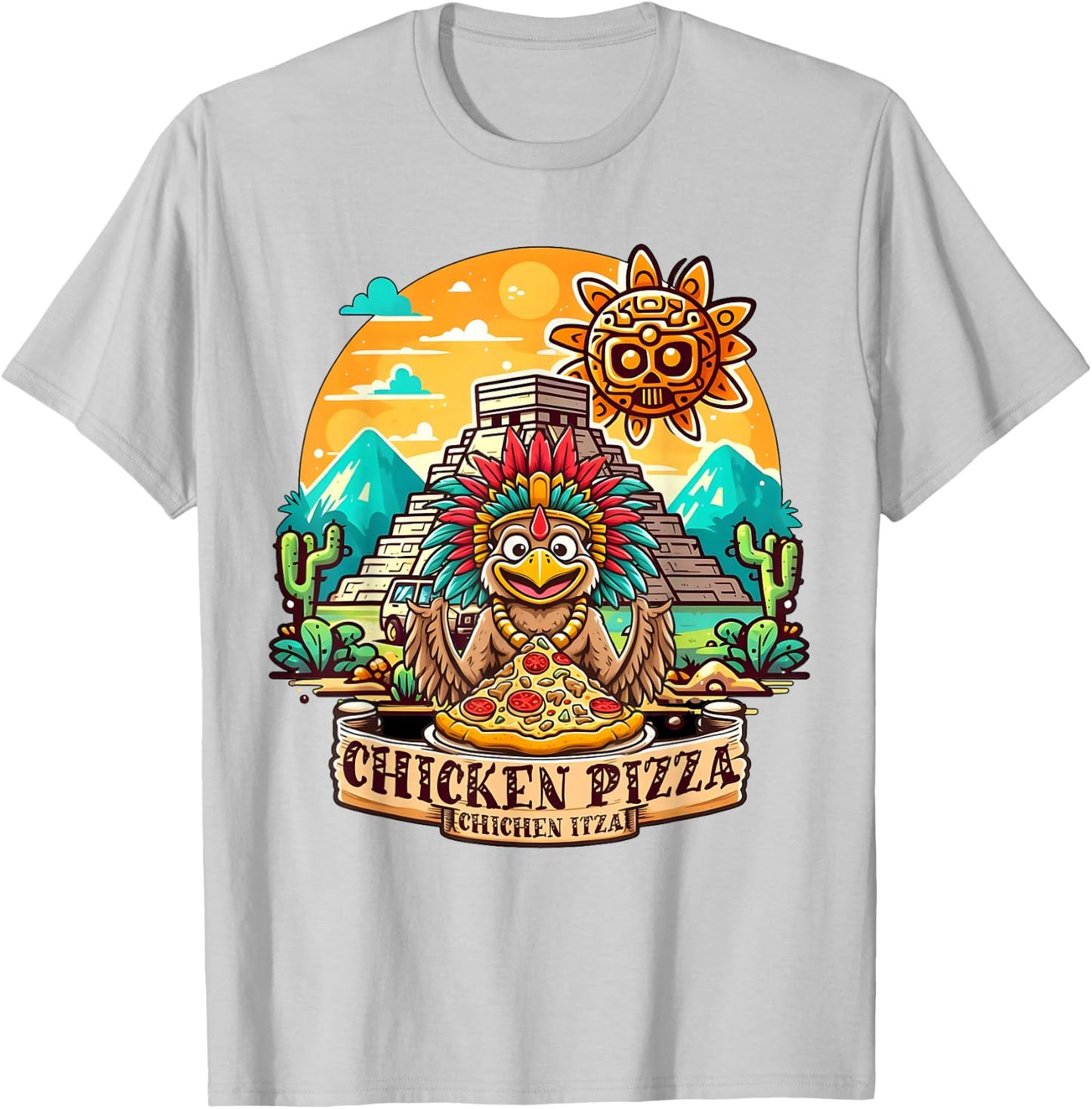 Chichen Itza Chicken Pizza Fun: Quirky Mexico Design T-Shirt - T-Shirt | Ash