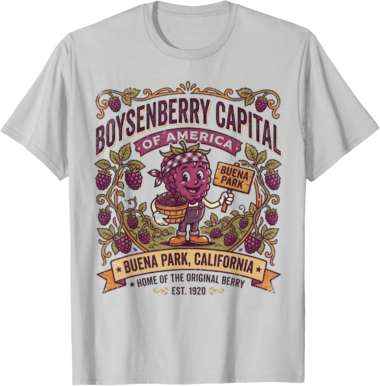 Buena Park, CA - Boysenberry Capital - Vintage Mascot Logo T-Shirt - T-Shirt | Ash