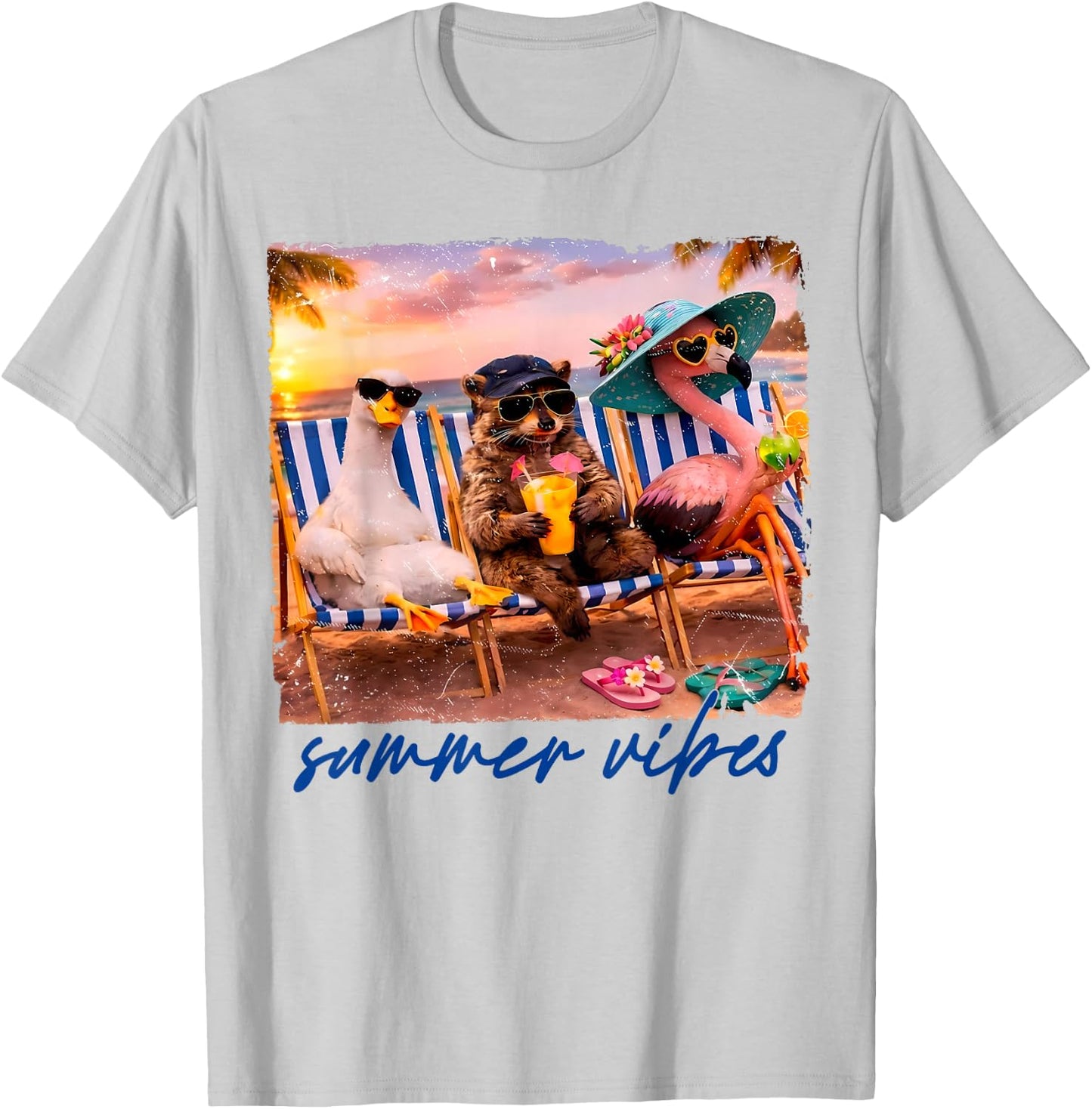 Goose Raccoon Flamingo Summer Vibes Tropical Beach Sunset T-Shirt - T-Shirt | Ash