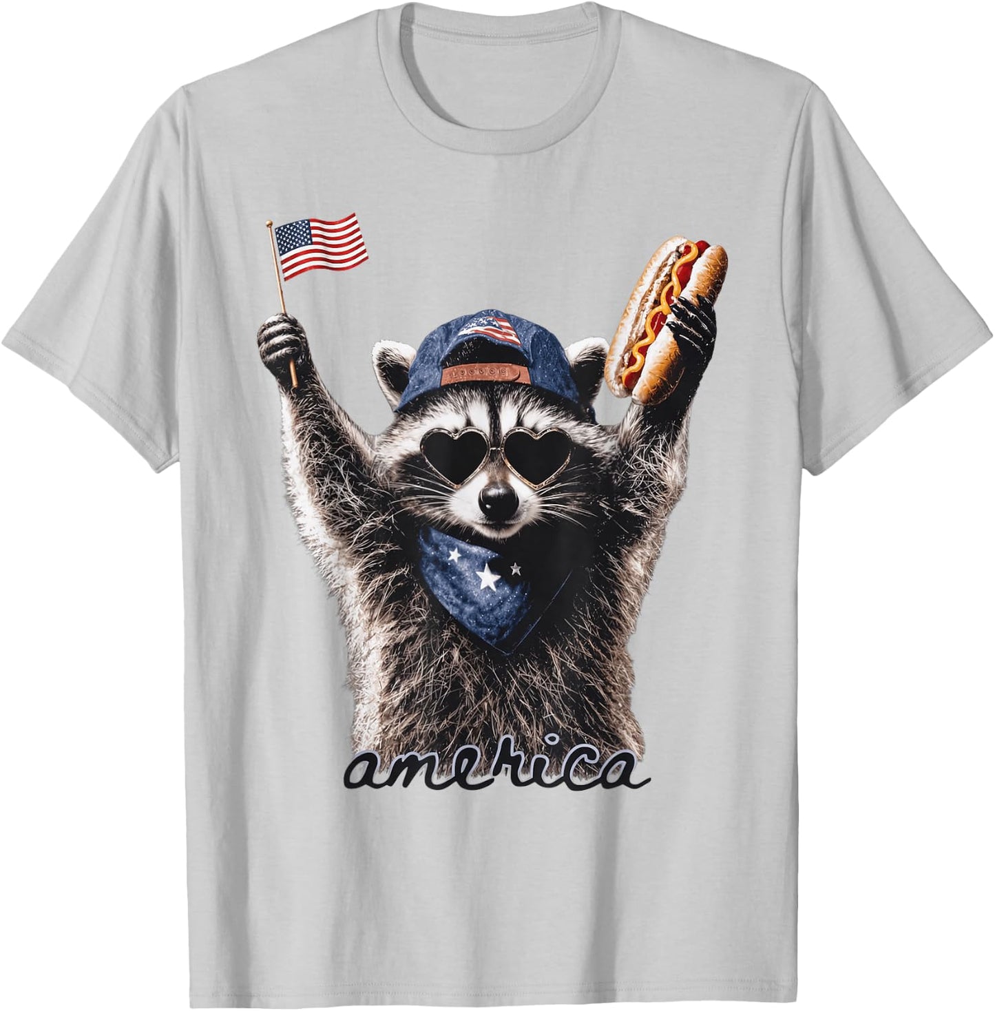 Patriotic Raccoon Flag n Hotdog 4th of July America T-Shirt - T-Shirt | Ash