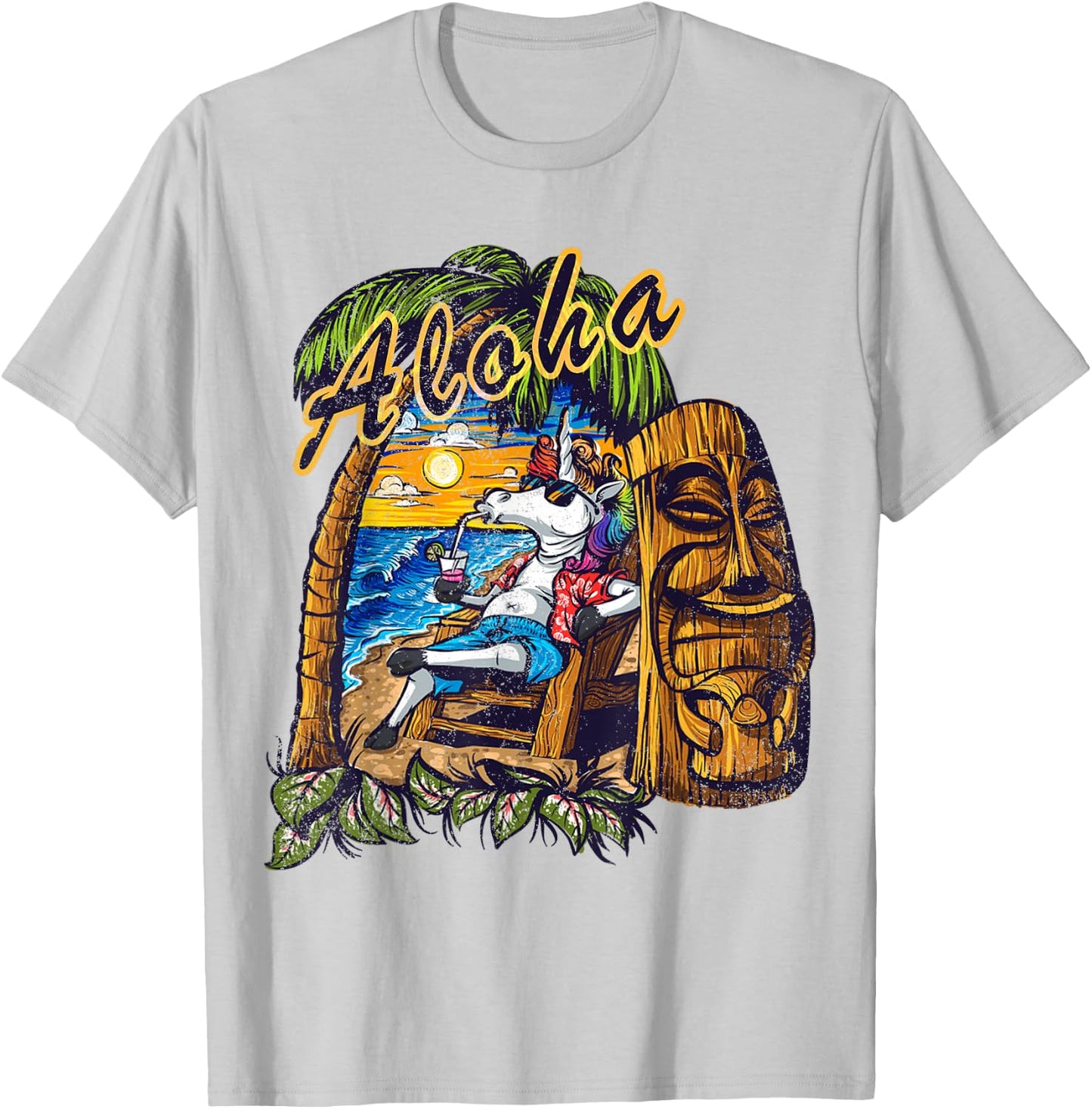 Aloha Hawaii Hawaiian Unicorn Tiki Surf Distressed T-Shirt - T-Shirt | Ash