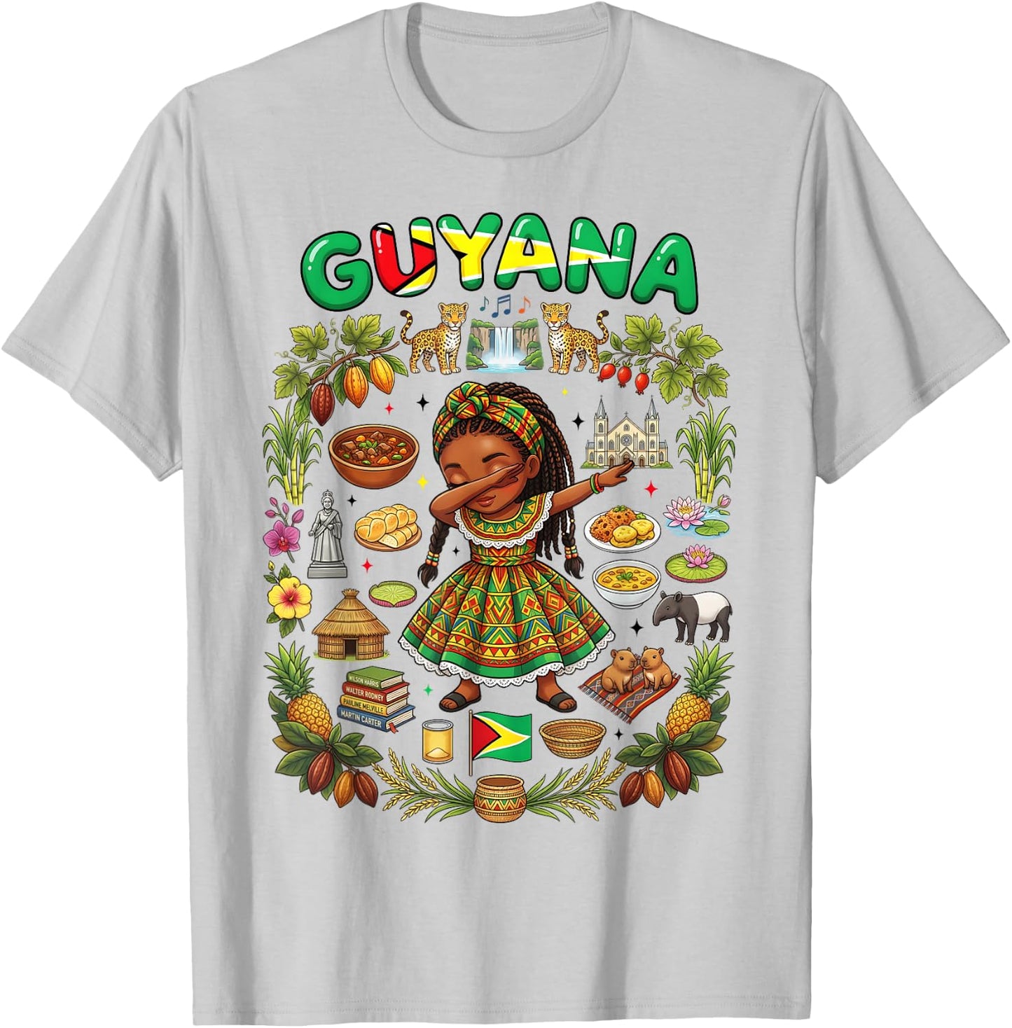 Dabbing Guyana Girl Flag Dress Kaieteur Falls Jaguar Pride T-Shirt - T-Shirt | Ash