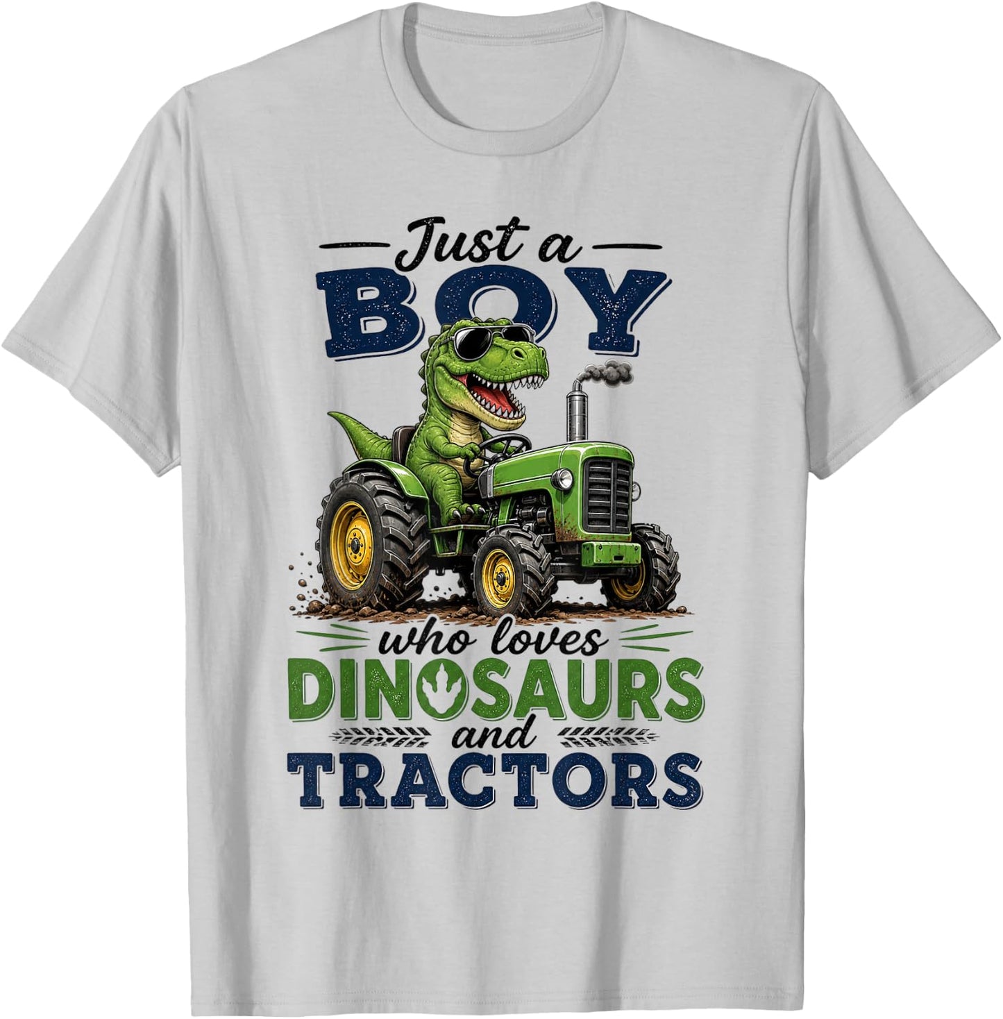 Just A Boy Who Loves Tractors and Dinosaurs Farm T-Rex T-Shirt - T-Shirt | Ash