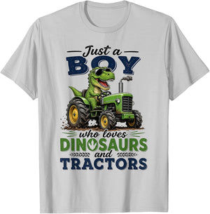 Just A Boy Who Loves Tractors and Dinosaurs Farm T-Rex T-Shirt - T-Shirt | Ash
