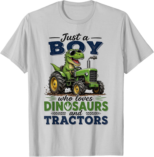 Just A Boy Who Loves Tractors and Dinosaurs Farm T-Rex T-Shirt - T-Shirt | Ash