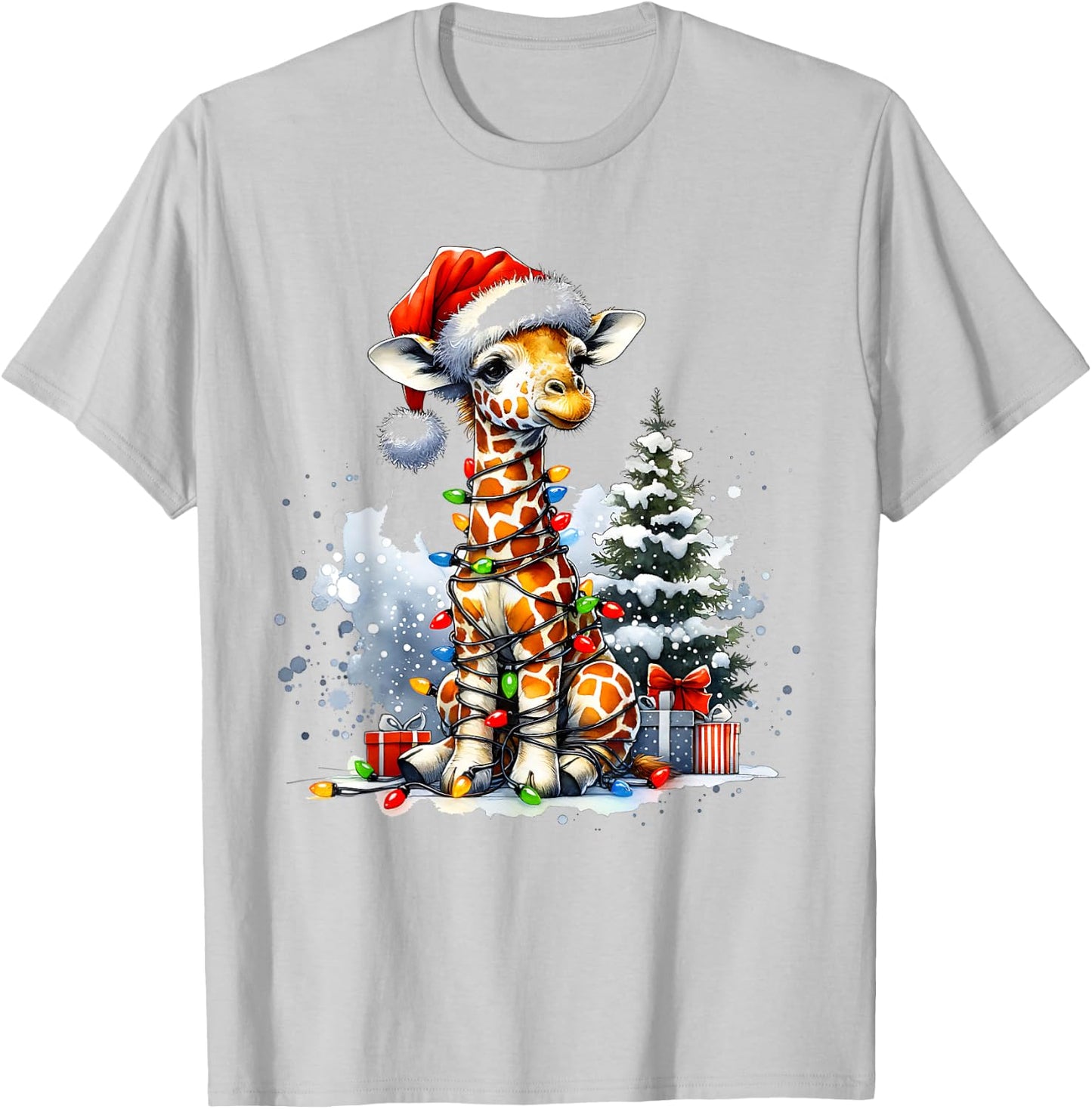Cute Festive Giraffe Santa Hat Christmas Lights Snow Winter T-Shirt - T-Shirt | Ash