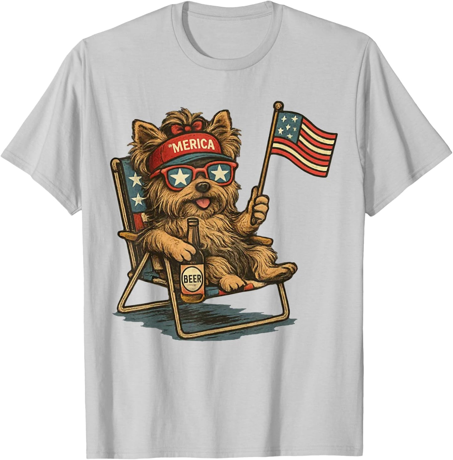 Patriotic Yorkie Dog Drinking Beer American Flag 4th of July T-Shirt - T-Shirt | Ash