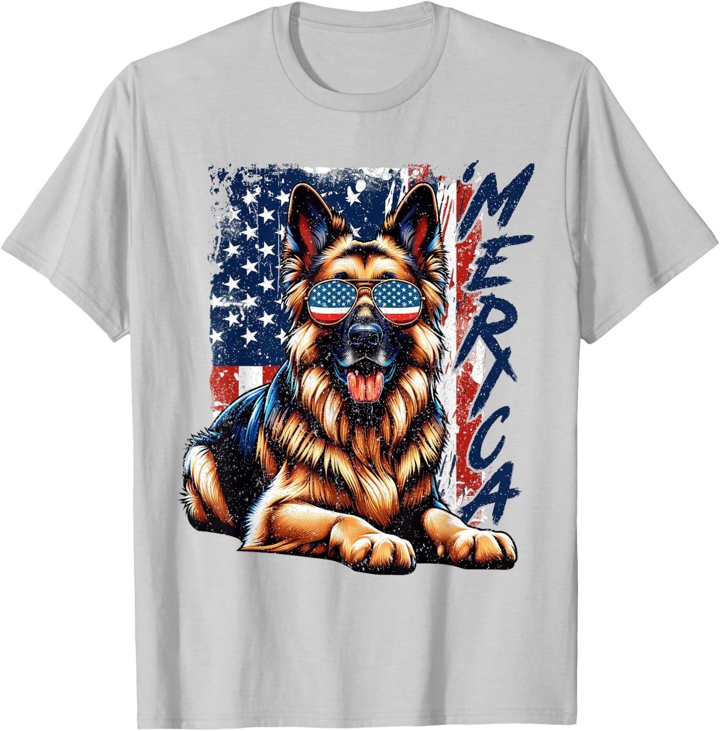 'Merica German Shepherd USA Flag Sunglasses Patriotic Pets T-Shirt - T-Shirt | Ash
