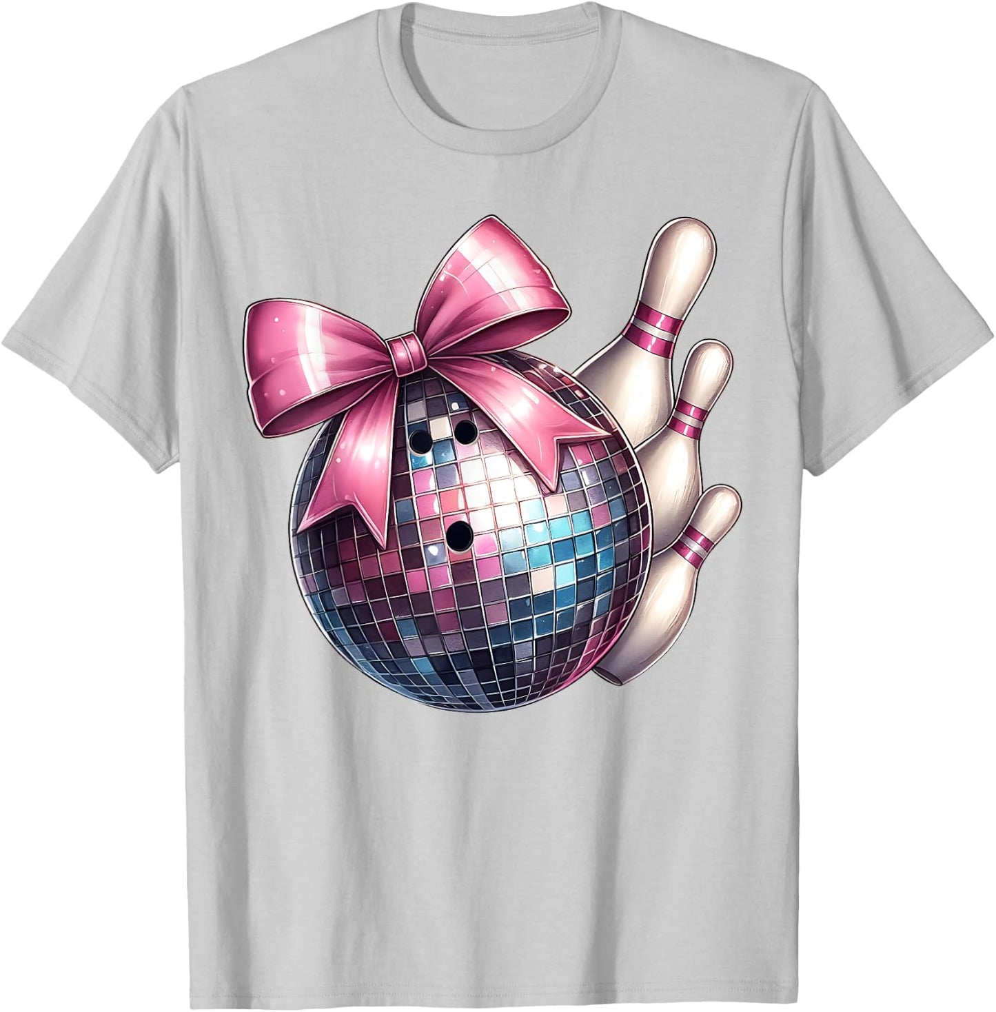 Coquette Bow Bowling Ball Pins Checkered Disco Bowler Mom T-Shirt - T-Shirt | Ash