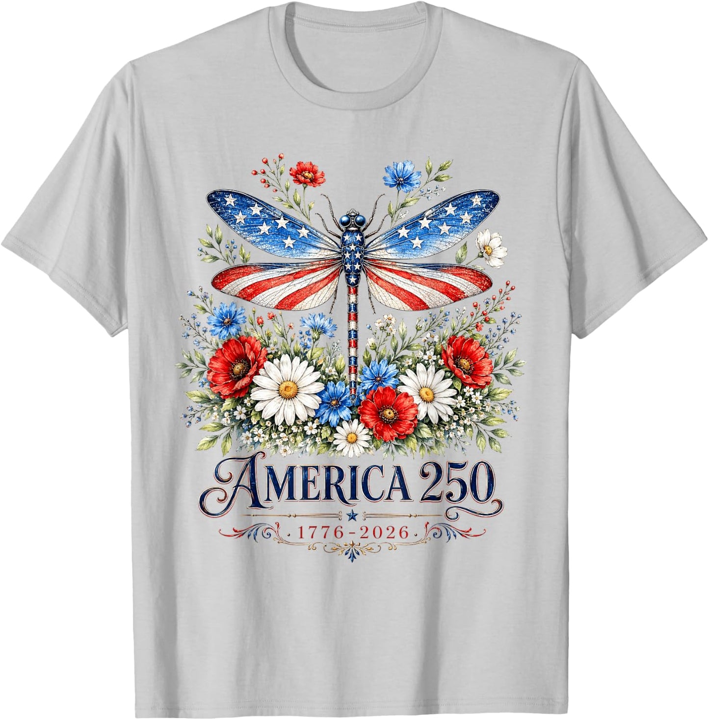250th Anniversary Dragonfly USA Flag Patriotic 4th of July T-Shirt - T-Shirt | Ash