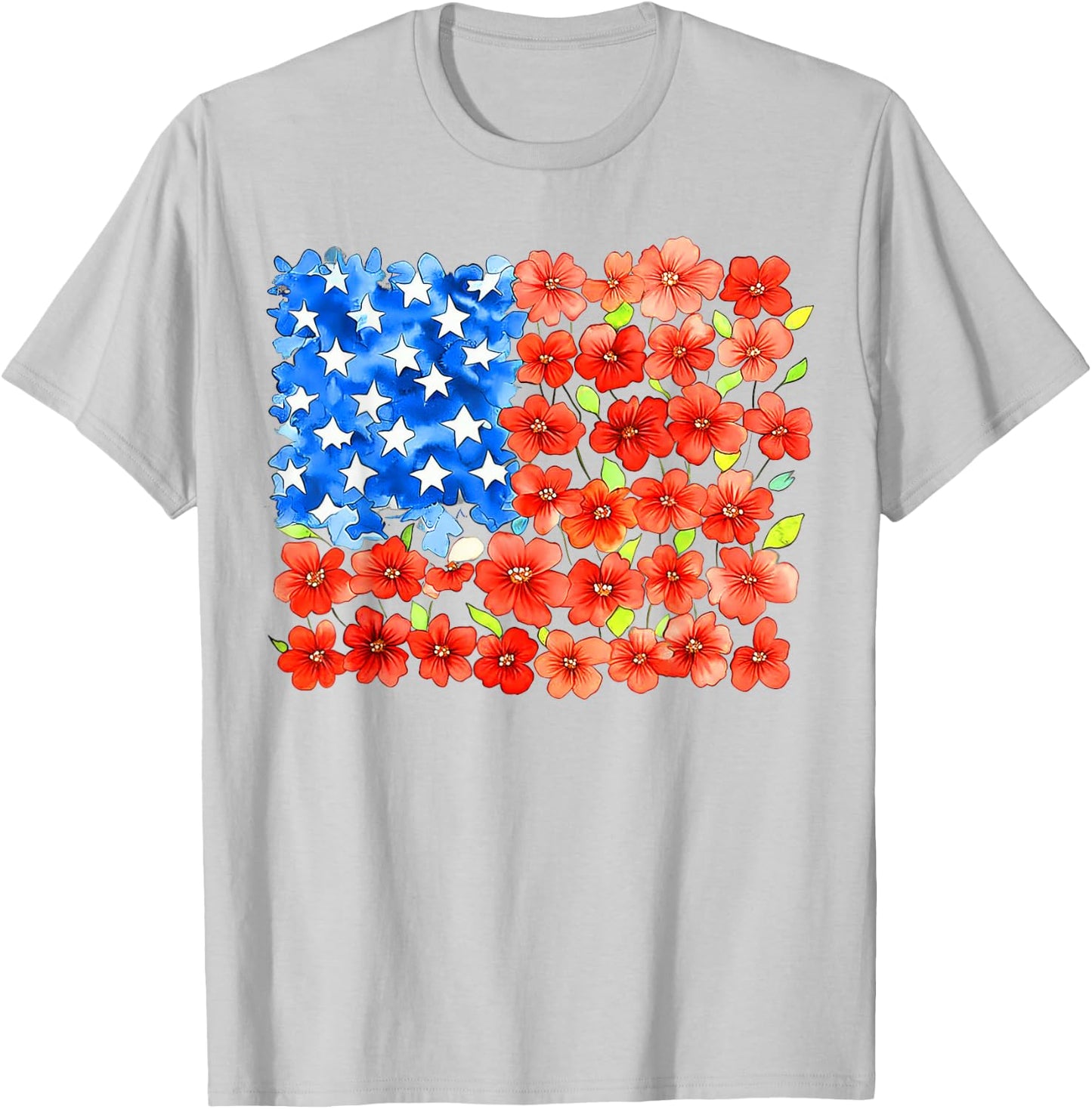 Floral American Flag, Patriotic Flower, 4th of July Floral T-Shirt - T-Shirt | Ash