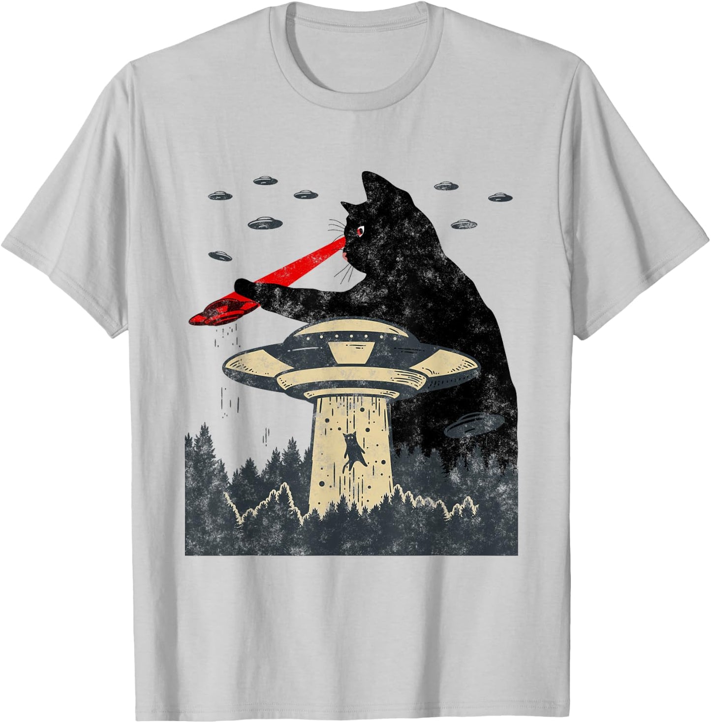Alien UFO Abduction Laser Eye Funny Cat T-Shirt - T-Shirt | Ash